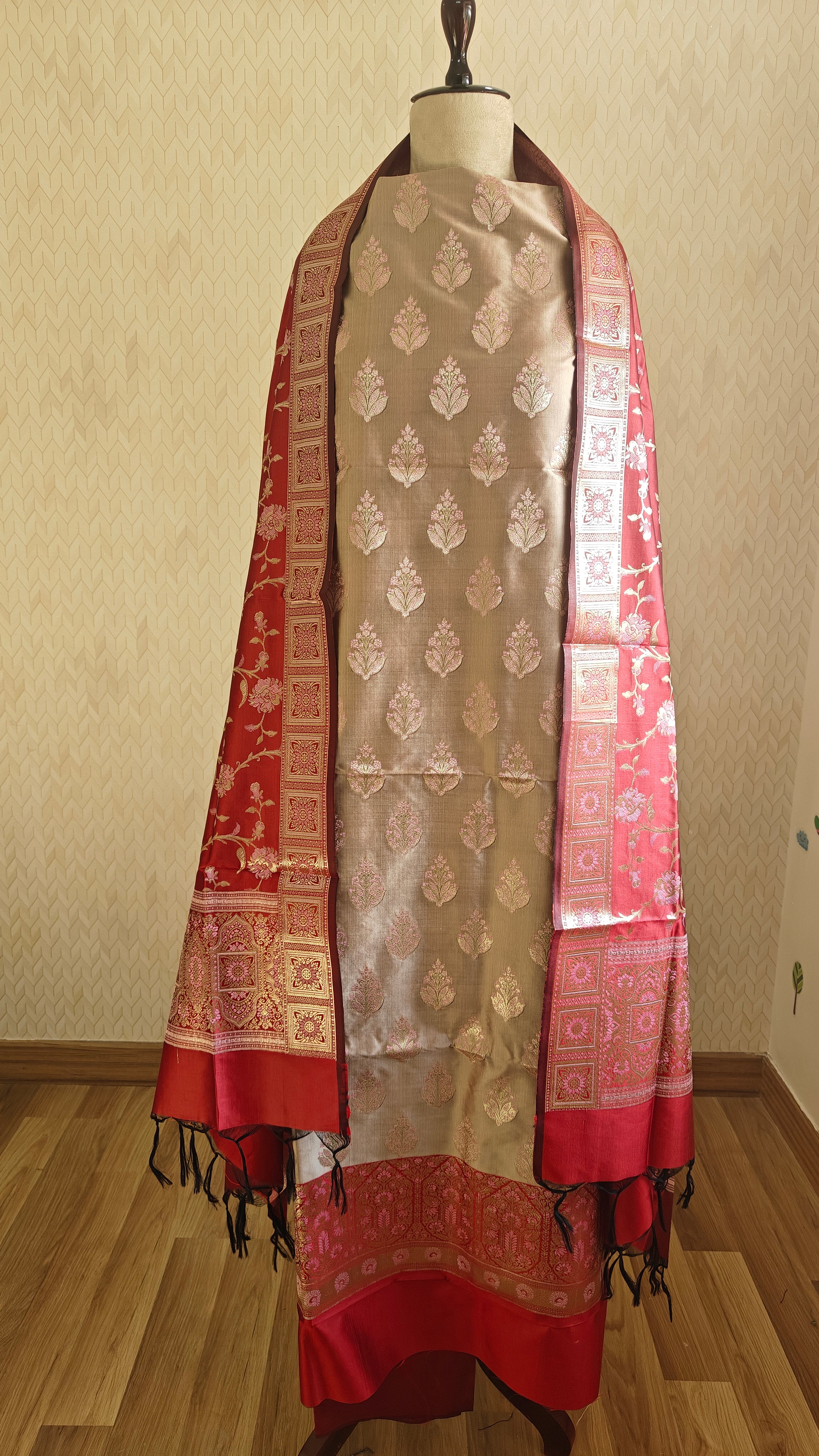 Red & Cream Silk 3-Piece Suit with Meenakari Work
