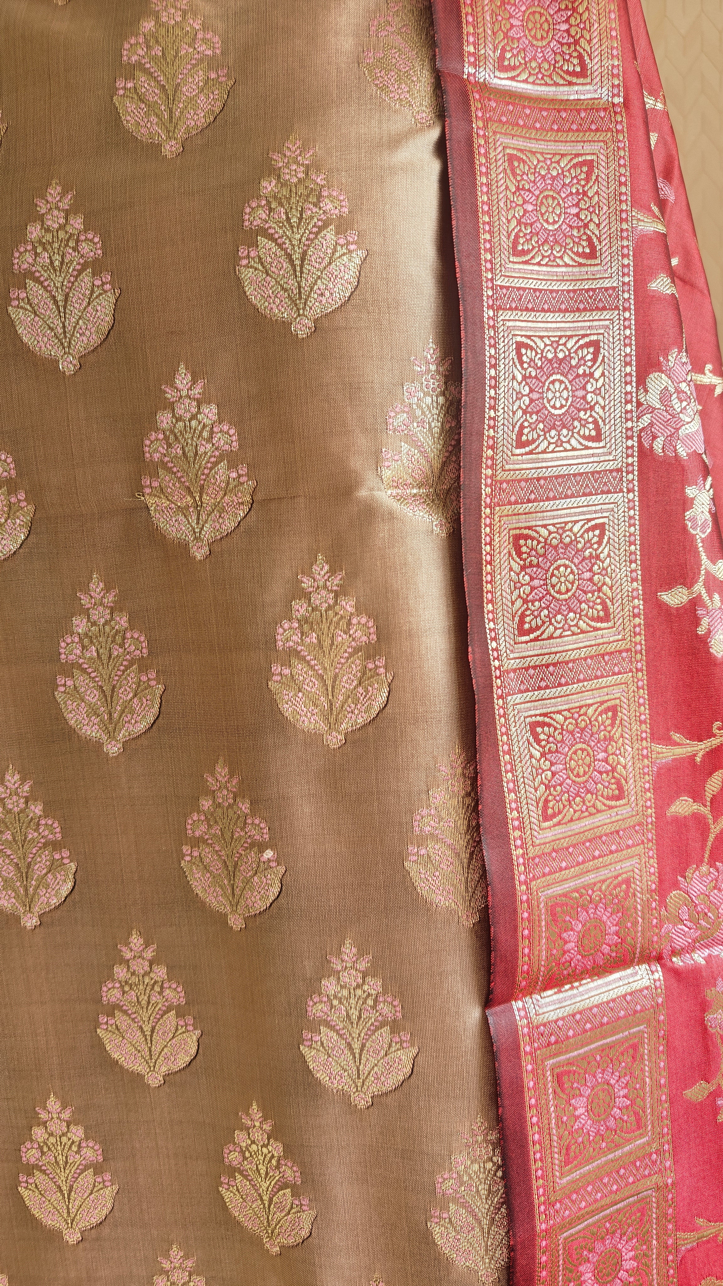 Red & Cream Silk 3-Piece Suit with Meenakari Work