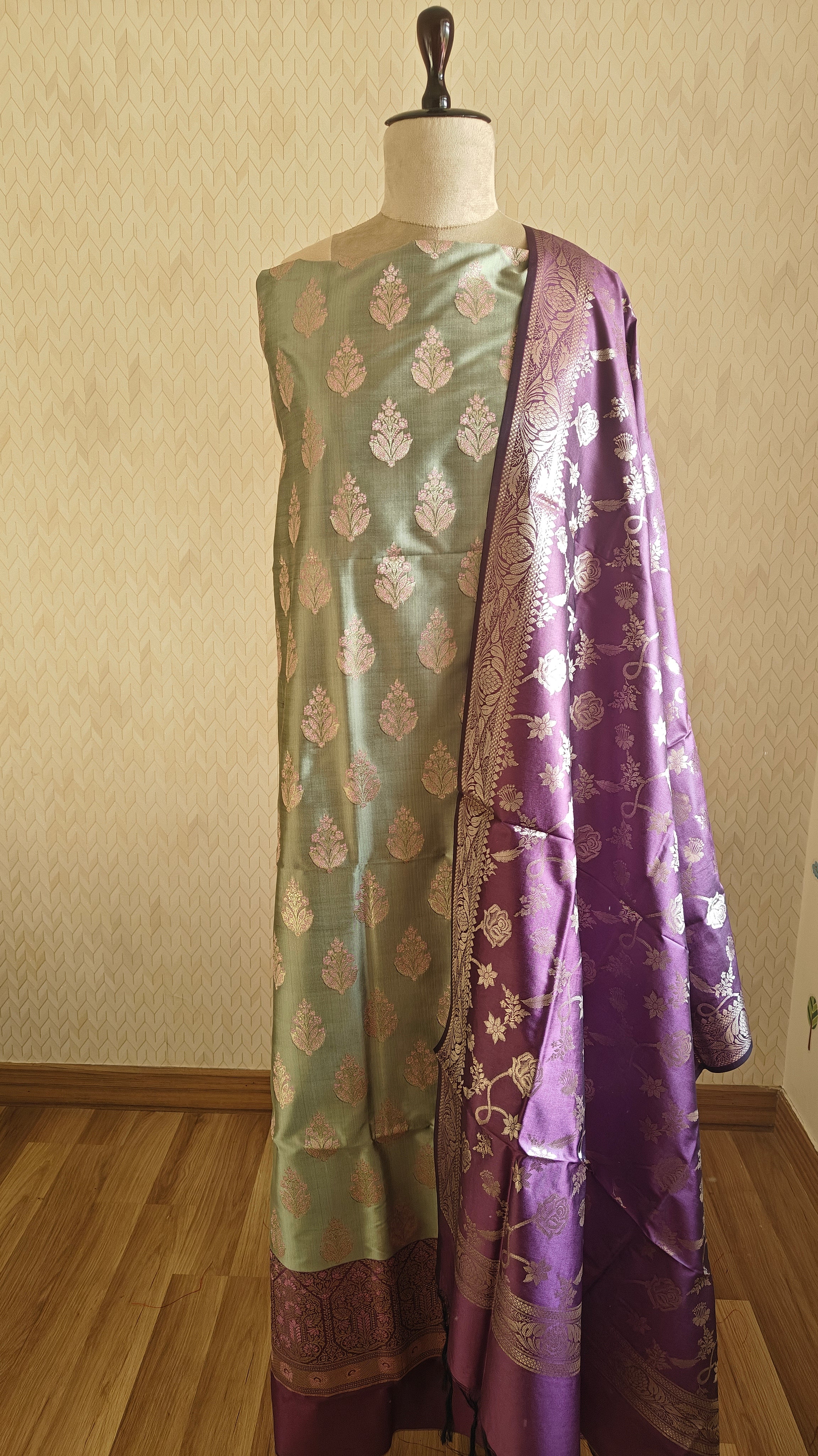 Purple & Sea Green Silk 3-Piece Suit with Banarasi Dupatta