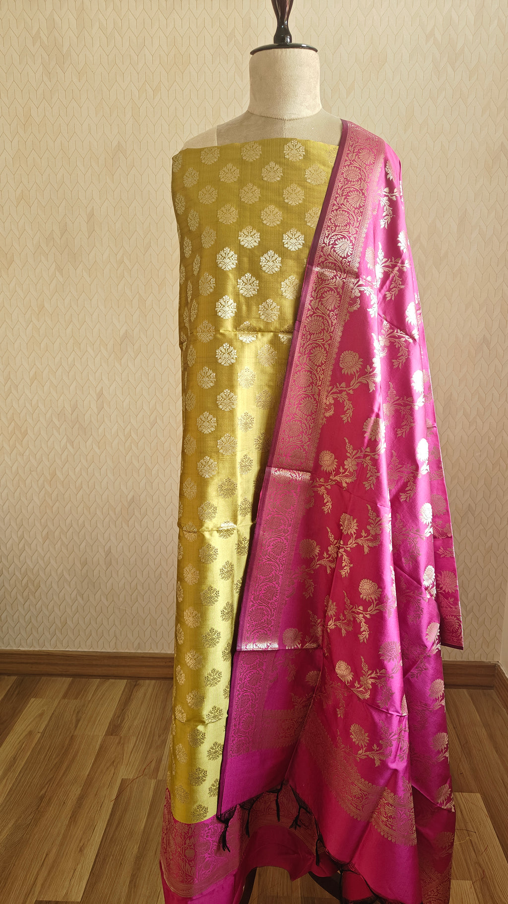 Golden & Pink Contrast Silk 3-Piece Suit with Banarasi Dupatta