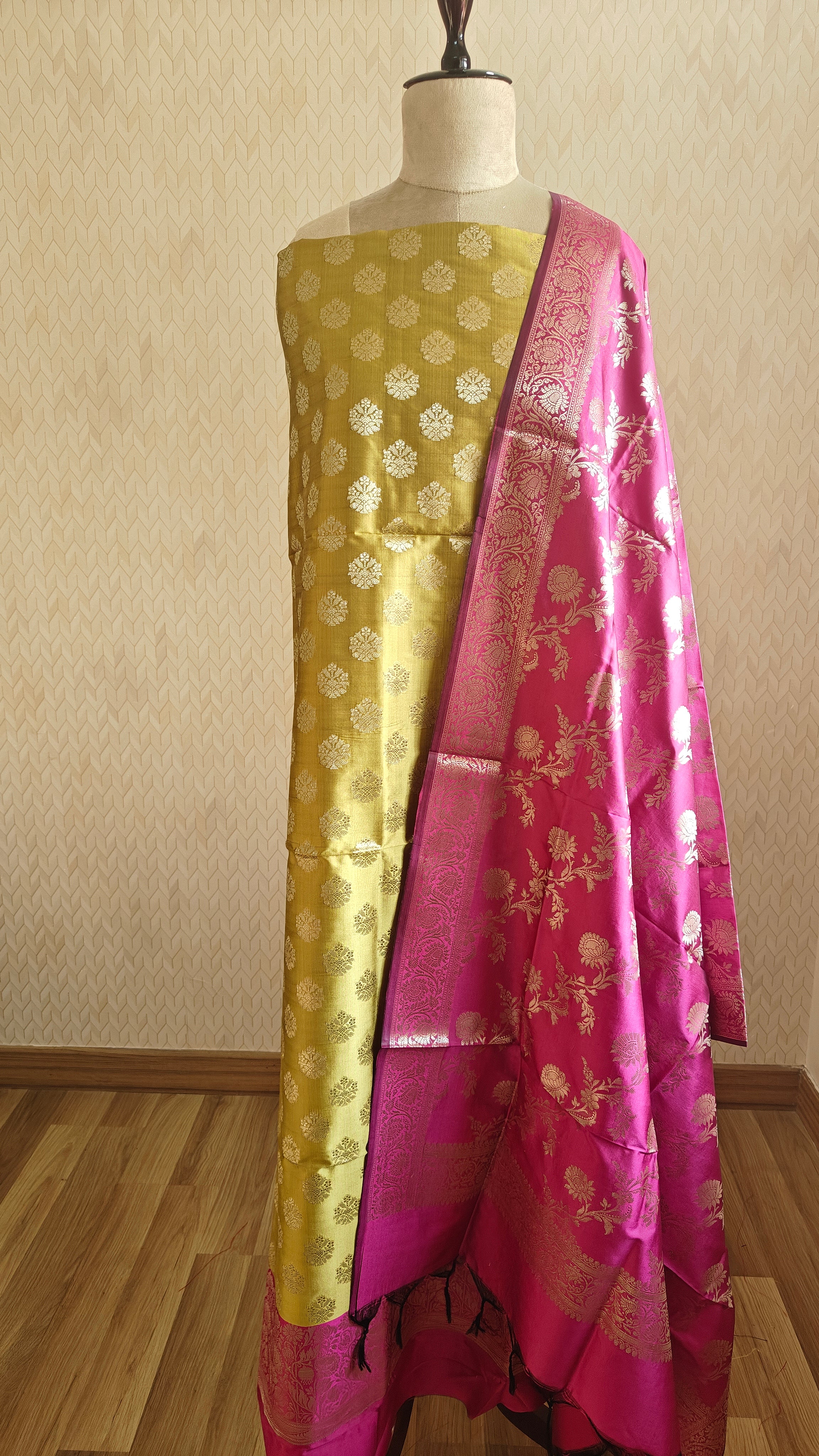 Golden & Pink Contrast Silk 3-Piece Suit with Banarasi Dupatta