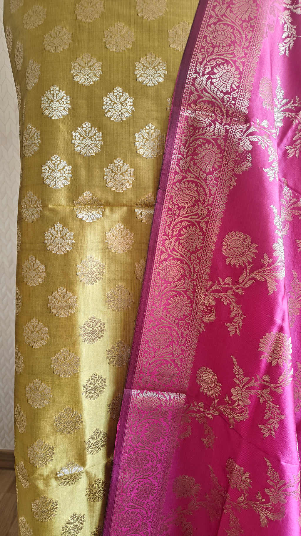 Golden & Pink Contrast Silk 3-Piece Suit with Banarasi Dupatta