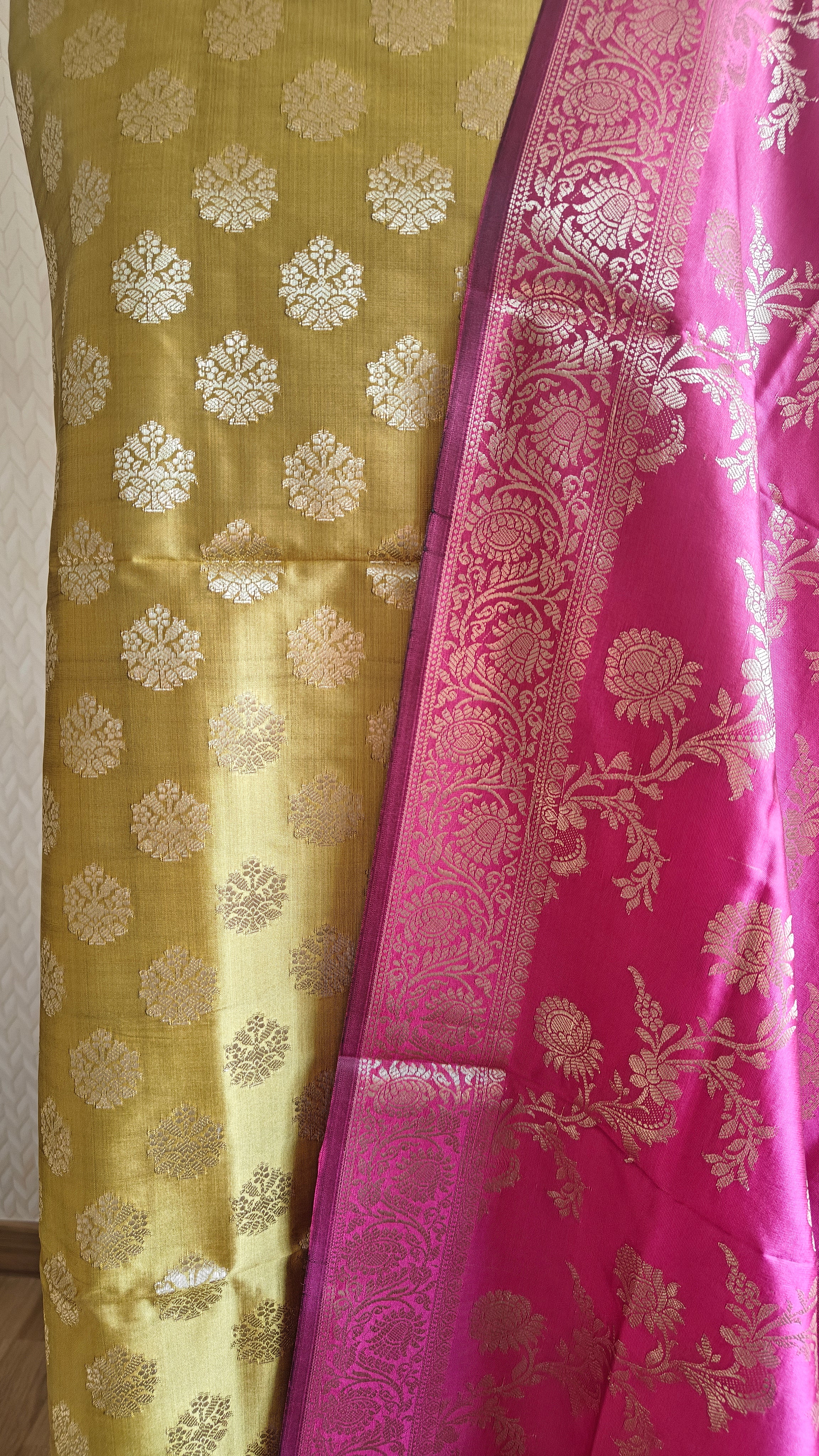 Golden & Pink Contrast Silk 3-Piece Suit with Banarasi Dupatta