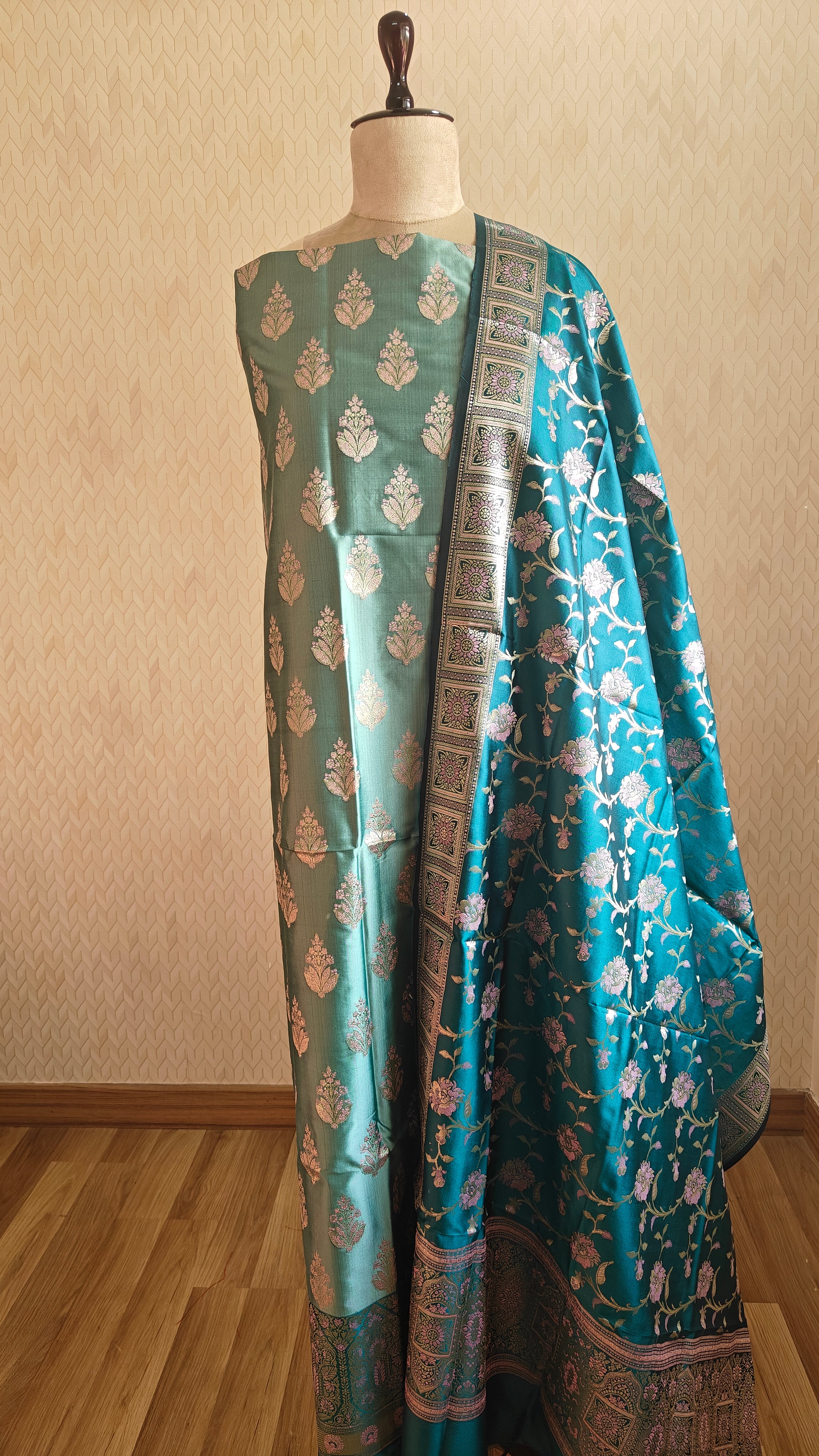 Light & Dark Ferozi Silk 3-Piece Suit with Meenakari Work