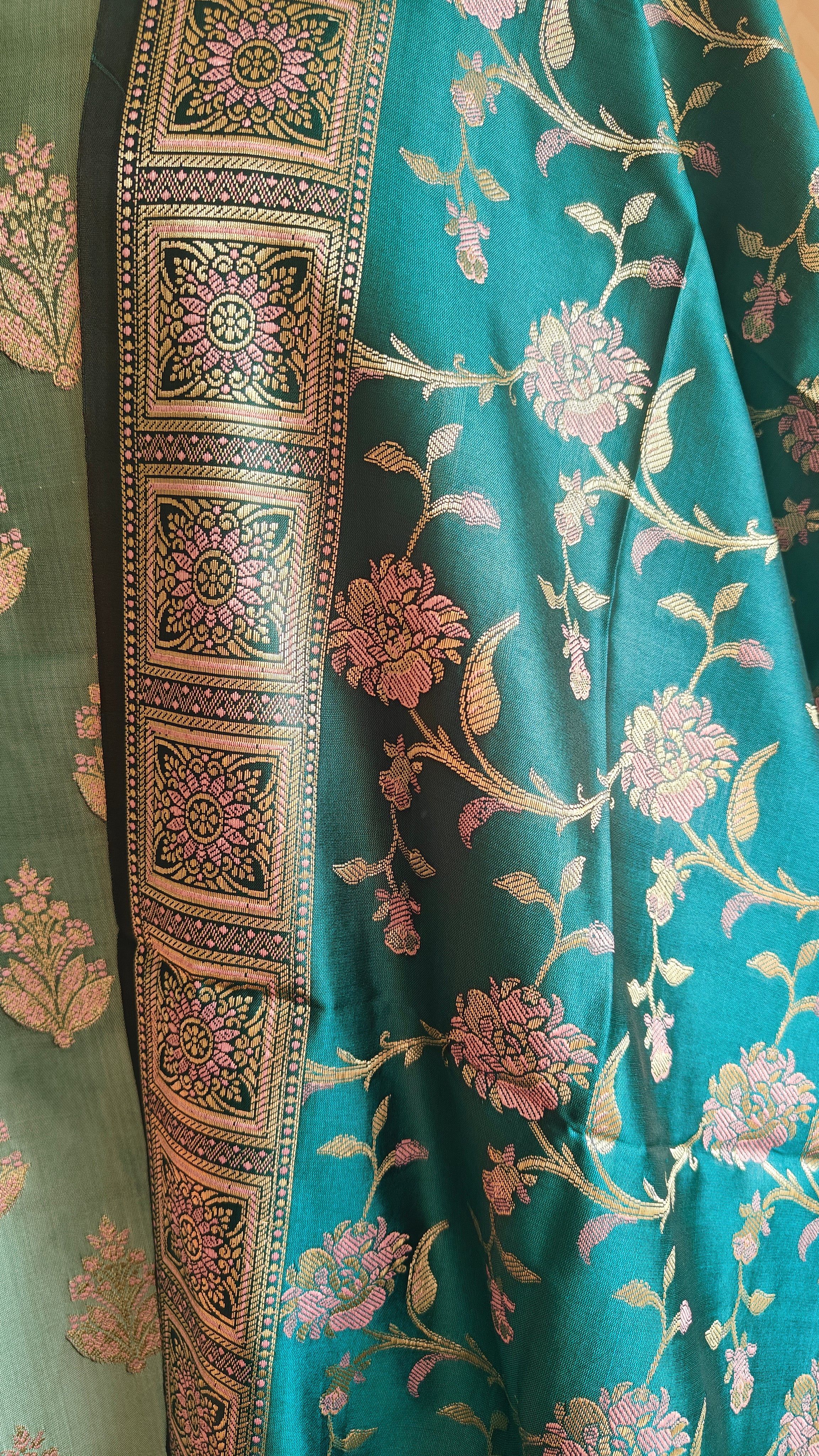 Light & Dark Ferozi Silk 3-Piece Suit with Meenakari Work