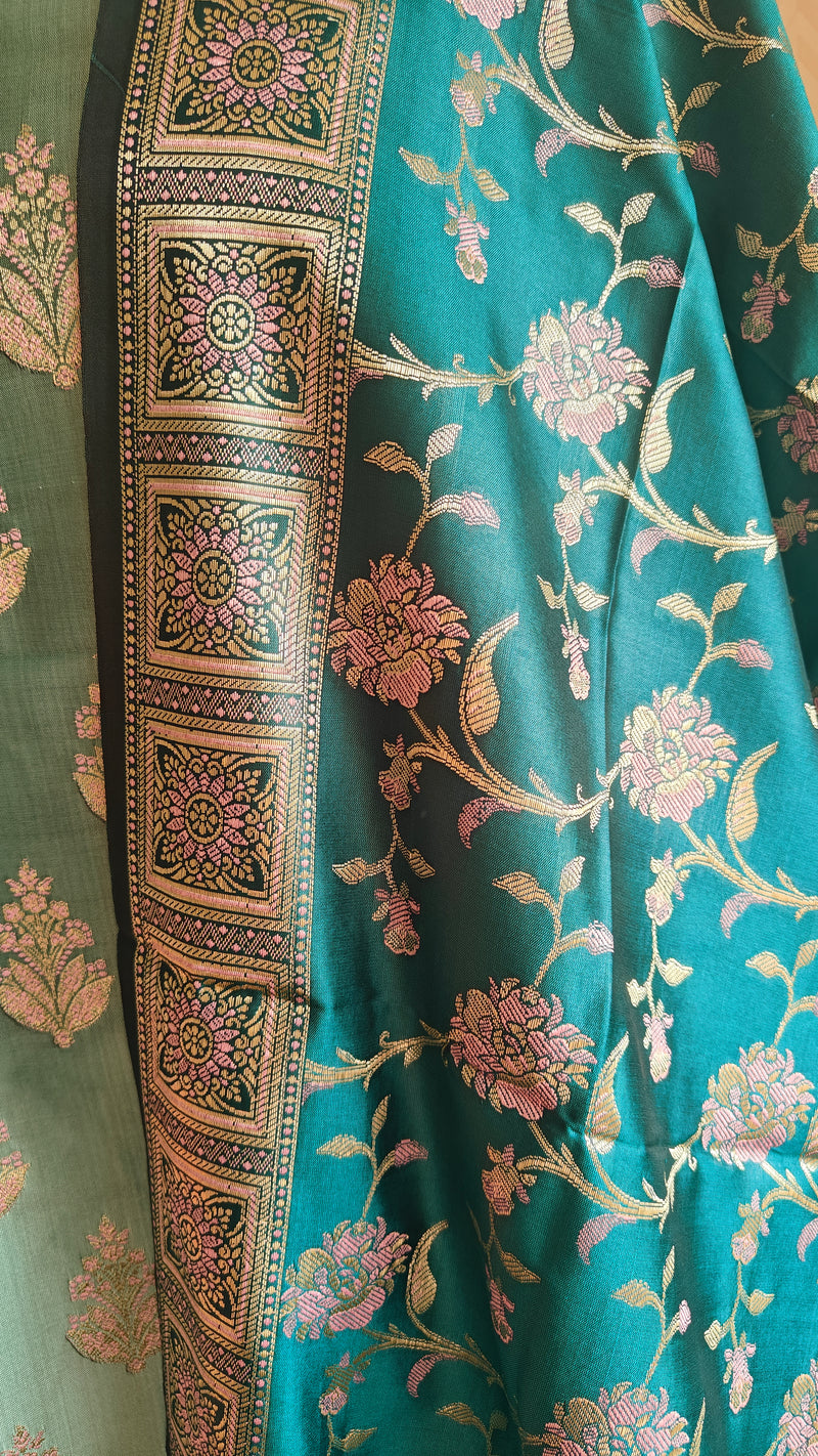 Light & Dark Ferozi Silk 3-Piece Suit with Meenakari Work