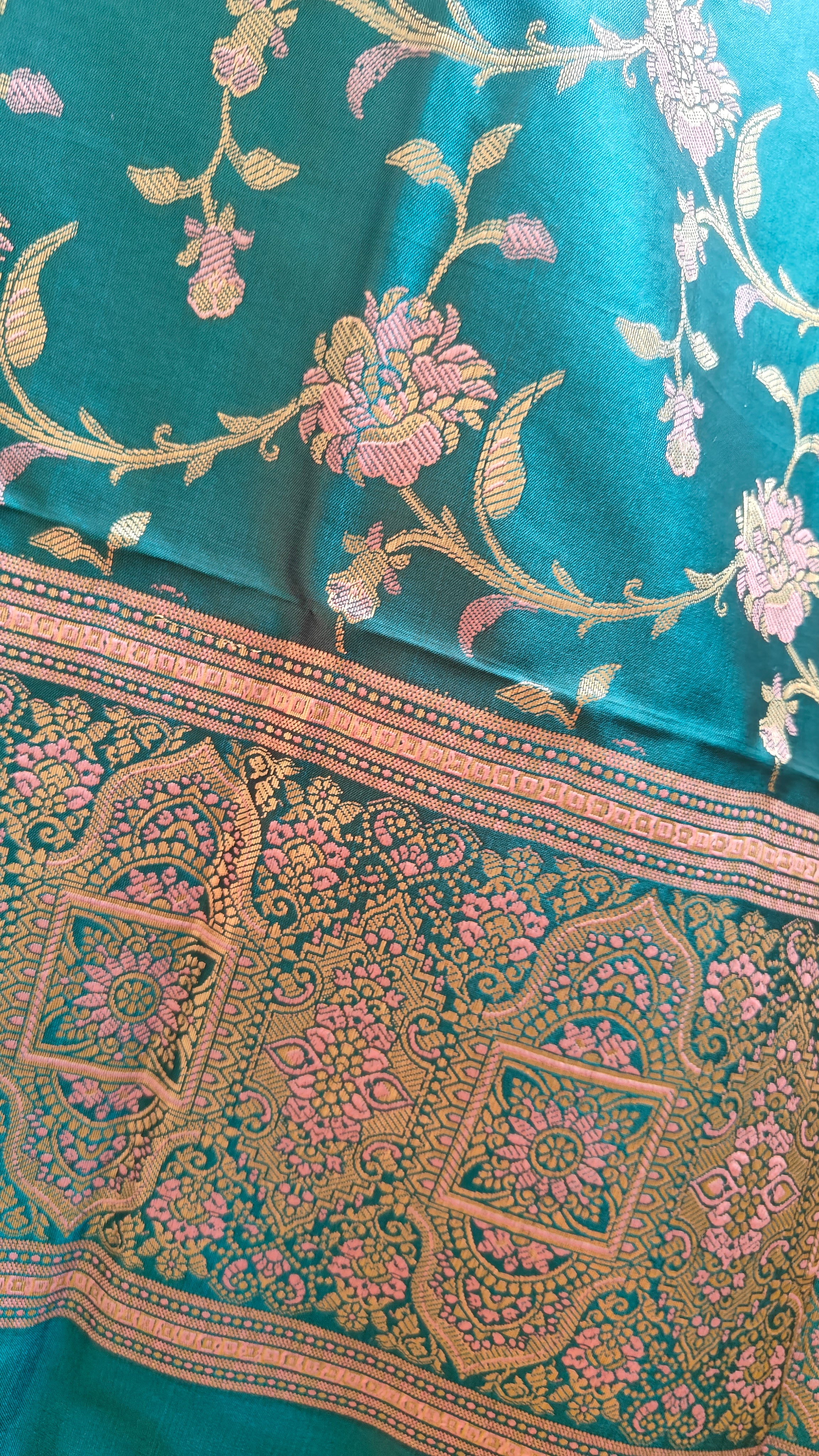 Light & Dark Ferozi Silk 3-Piece Suit with Meenakari Work