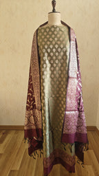 Olive & Purple Contrast Silk 3-Piece Suit with Banarasi Dupatta