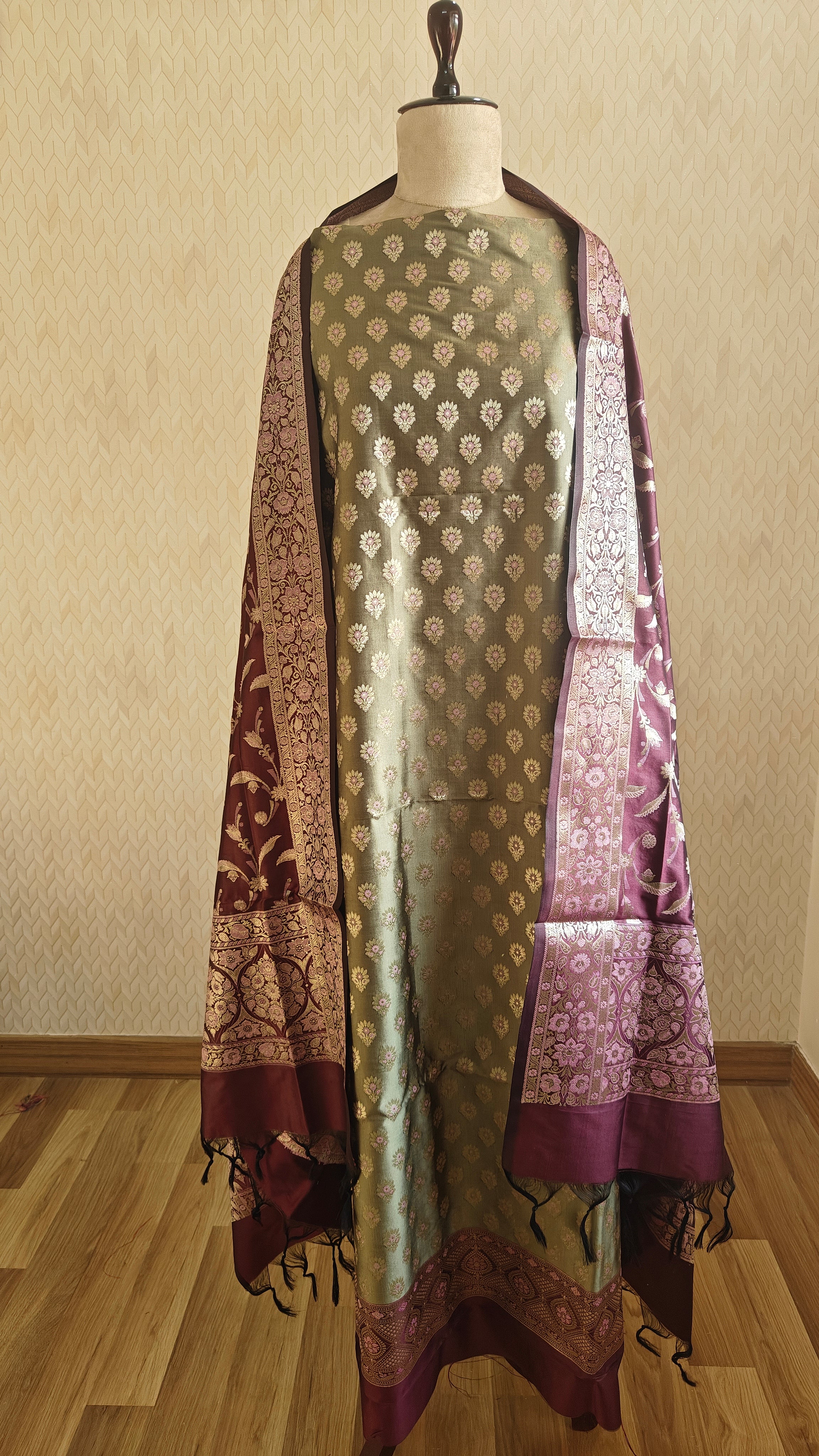 Olive & Purple Contrast Silk 3-Piece Suit with Banarasi Dupatta