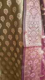 Olive & Purple Contrast Silk 3-Piece Suit with Banarasi Dupatta