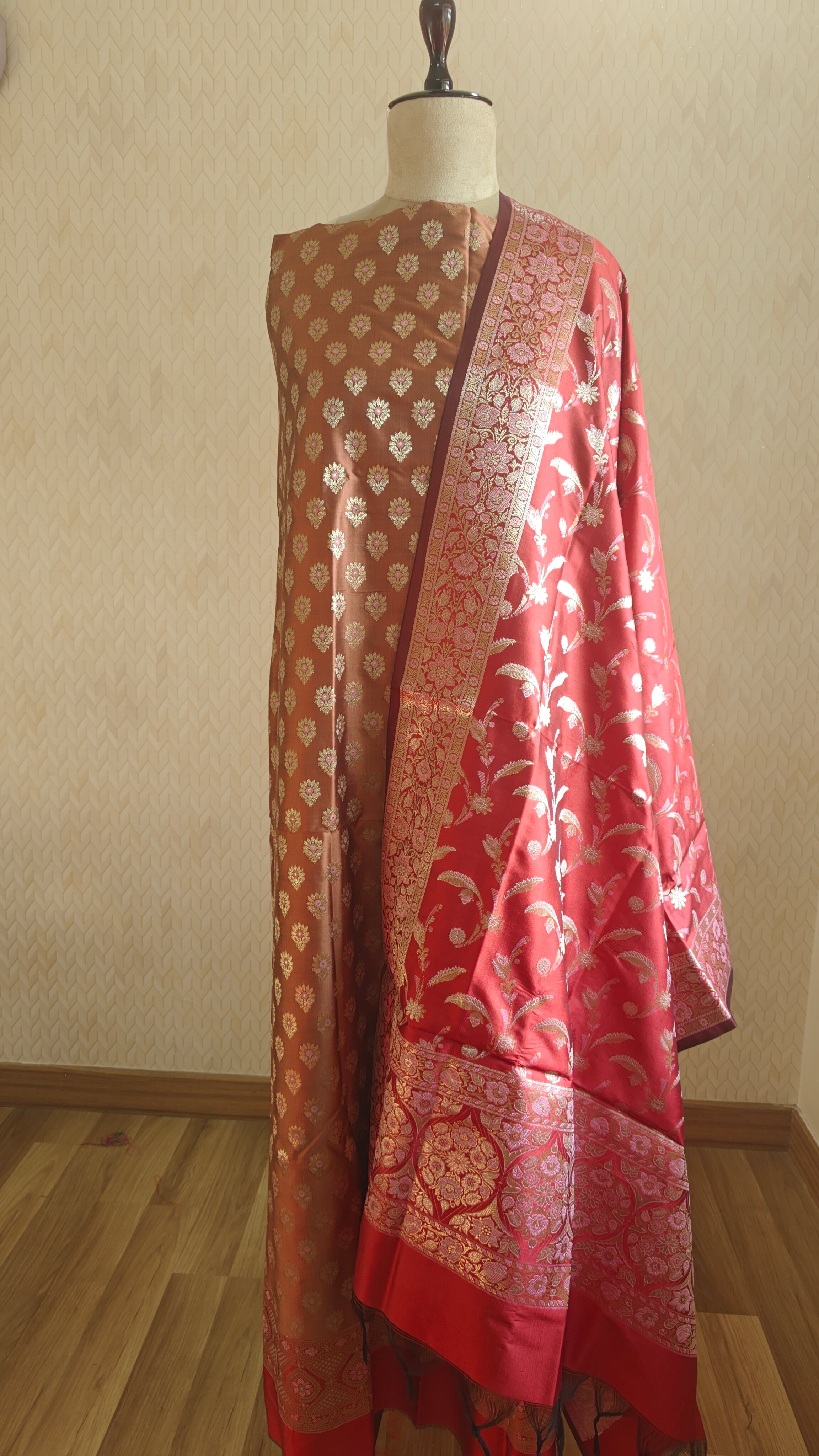 Red & Rust Silk 3-Piece Suit with Banarasi Dupatta