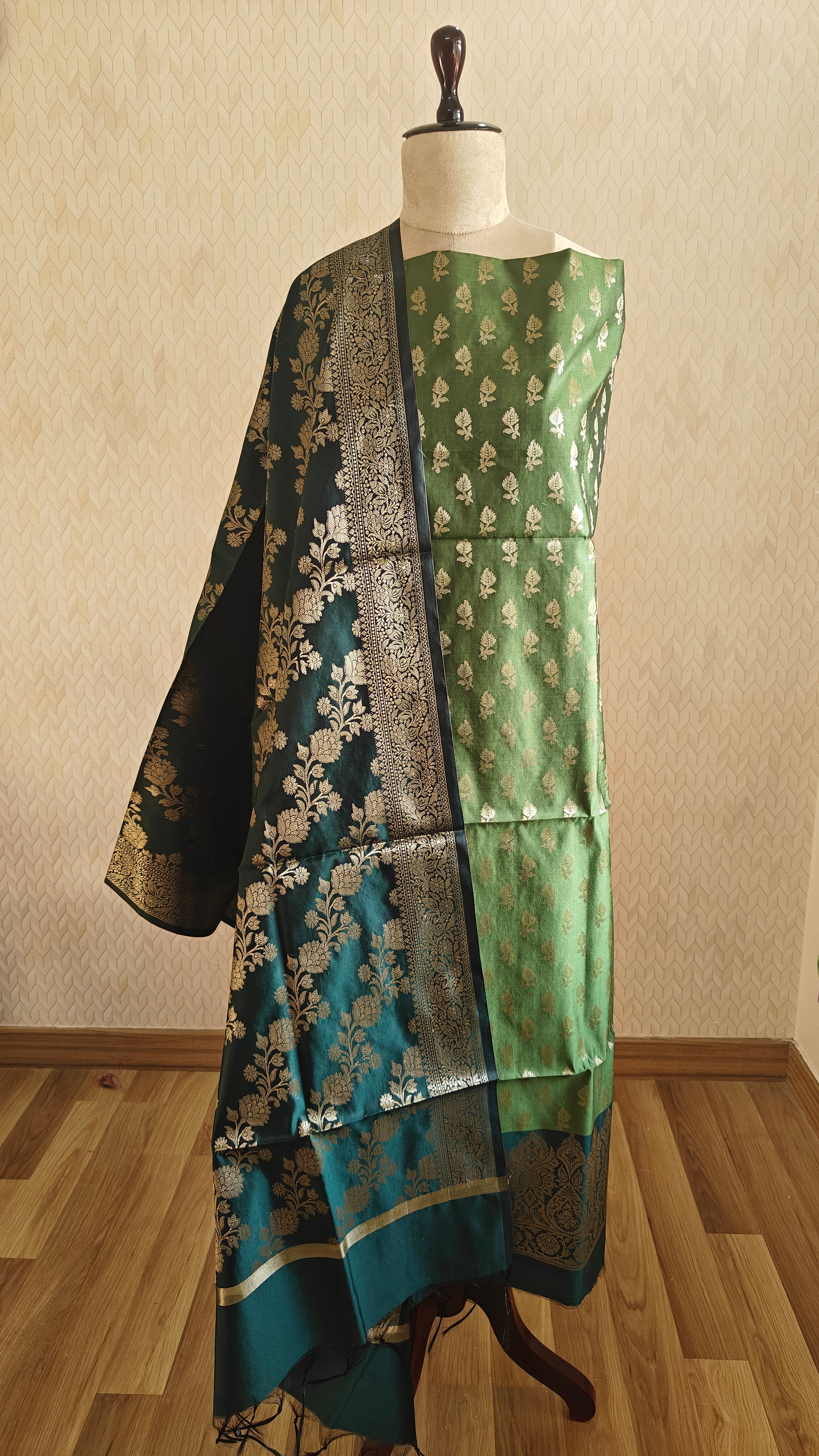 Green & Dark Green Contrast Silk 3-Piece Suit with Banarasi Dupatta