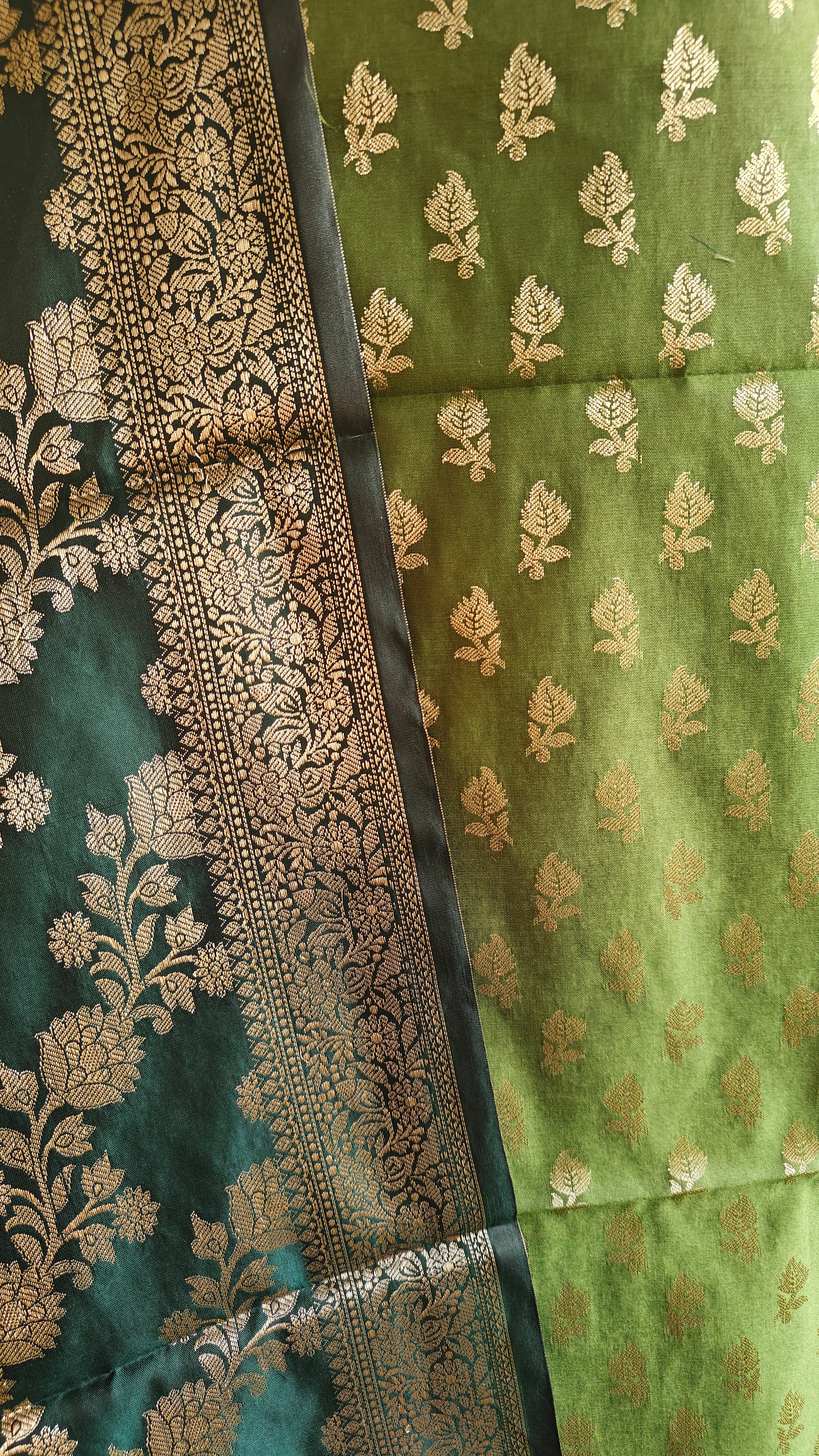 Green & Dark Green Contrast Silk 3-Piece Suit with Banarasi Dupatta
