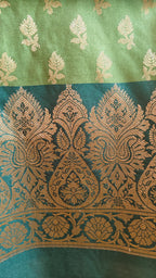 Green & Dark Green Contrast Silk 3-Piece Suit with Banarasi Dupatta