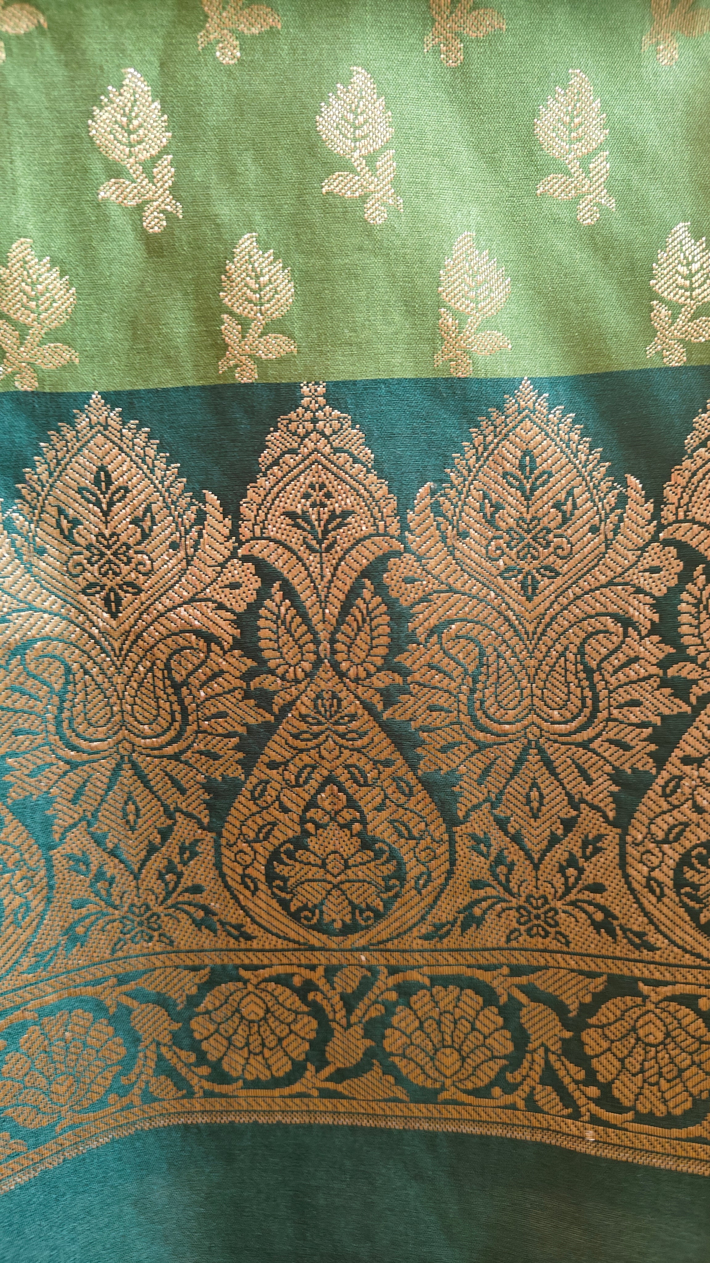 Green & Dark Green Contrast Silk 3-Piece Suit with Banarasi Dupatta