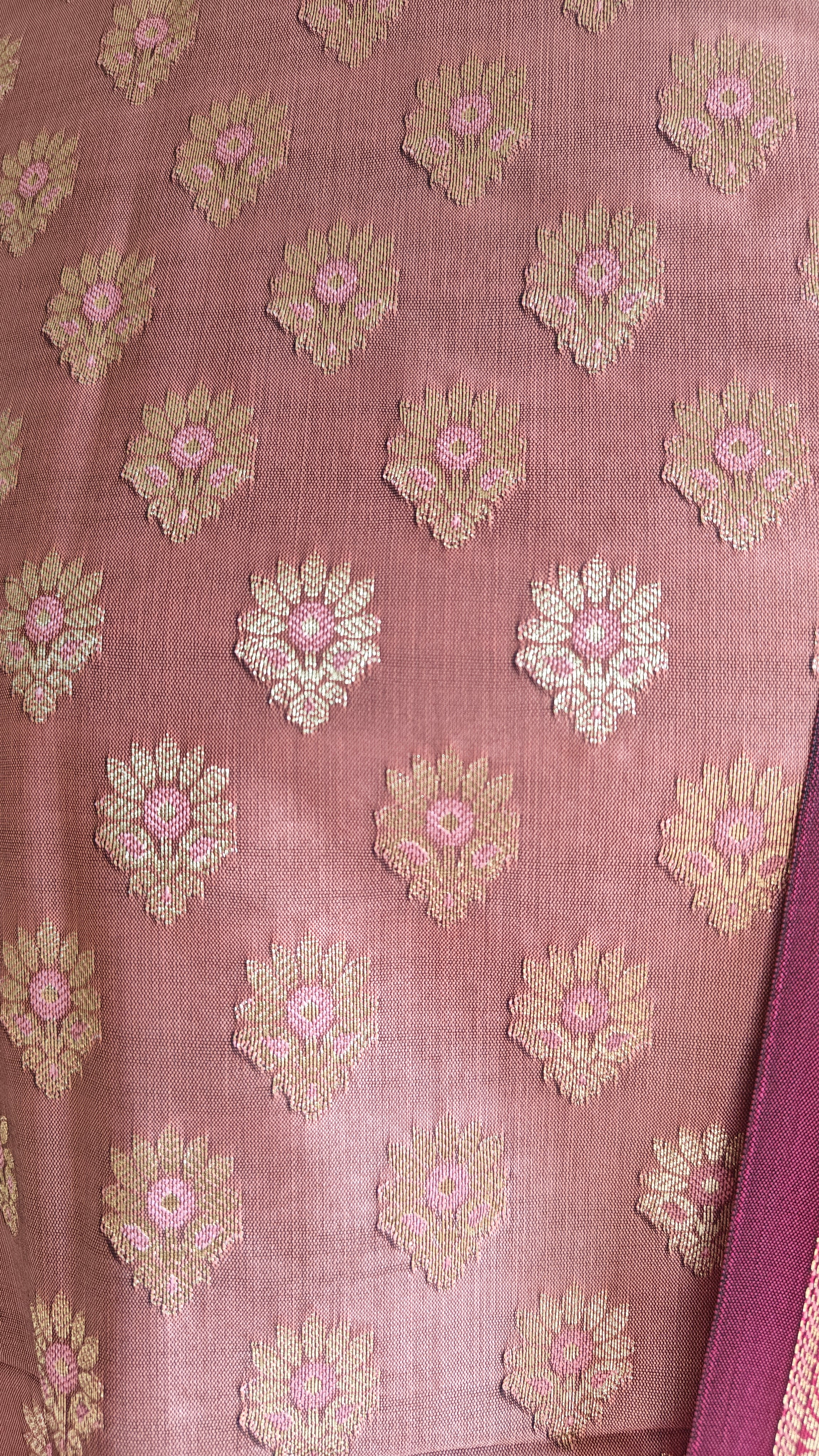 Light Rust & Pink Contrast Silk 3-Piece Suit with Banarasi Dupatta