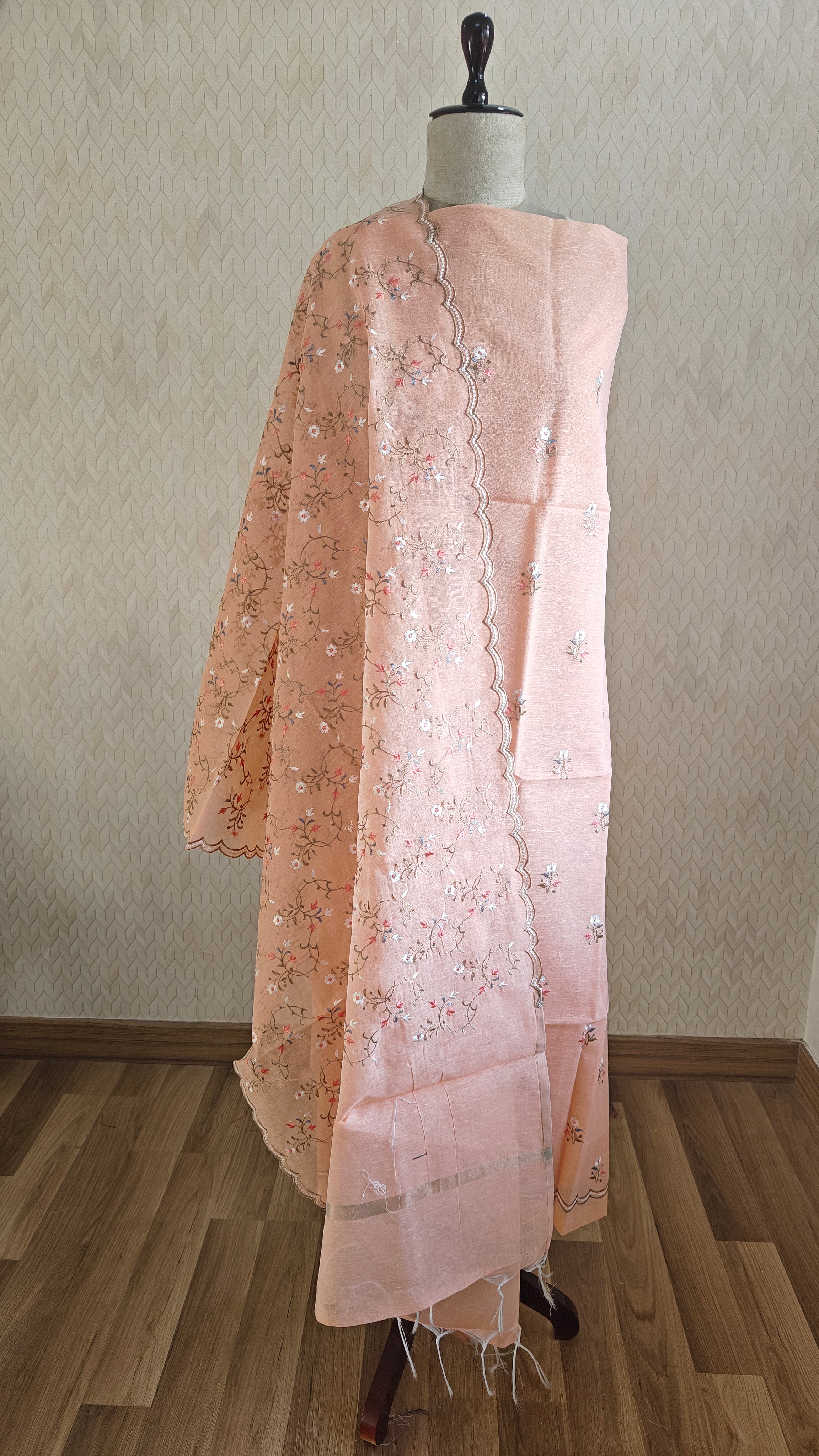 Peach Linen Suit with Floral Embroidery Dupatta