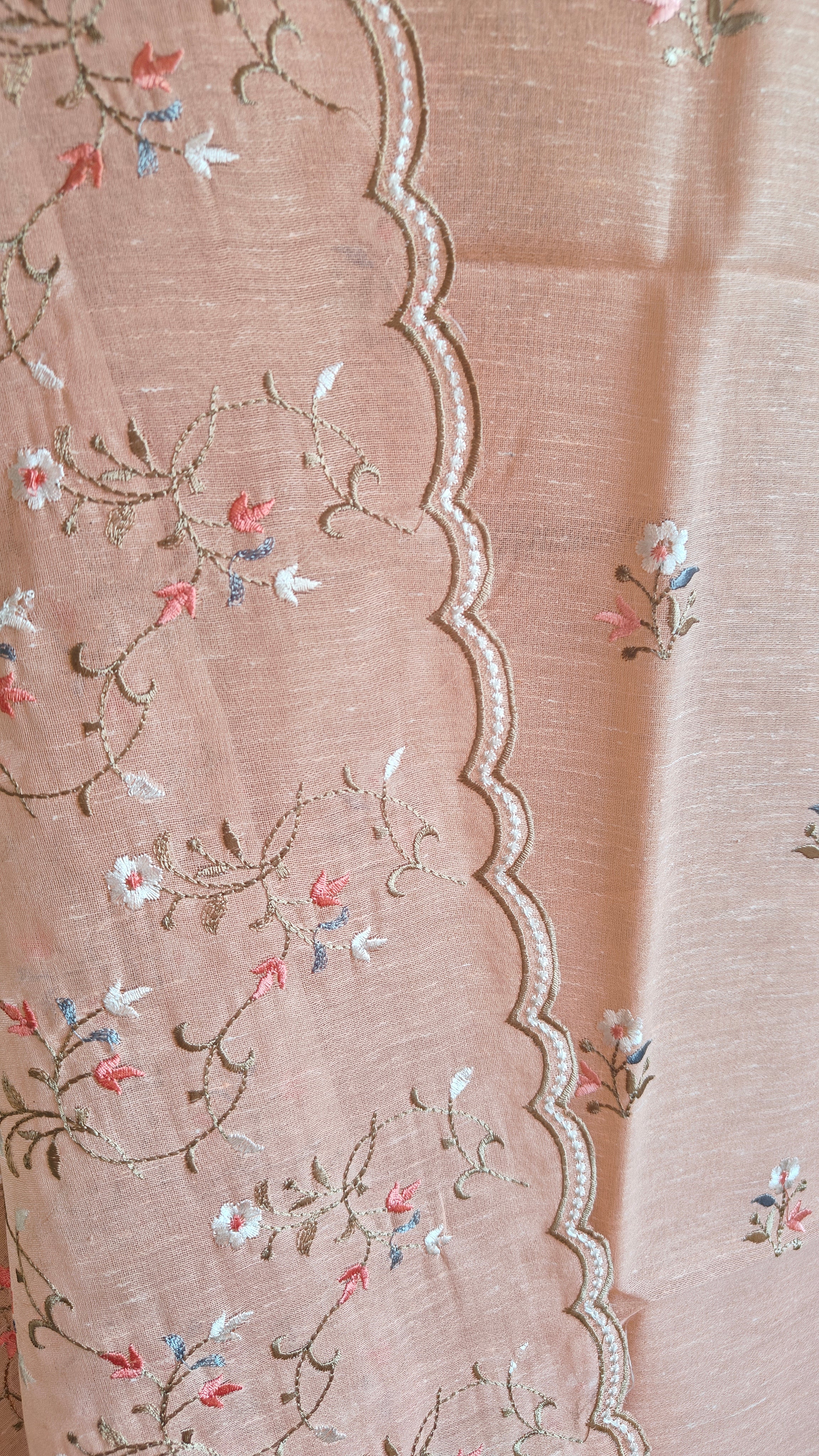 Peach Linen Suit with Floral Embroidery Dupatta
