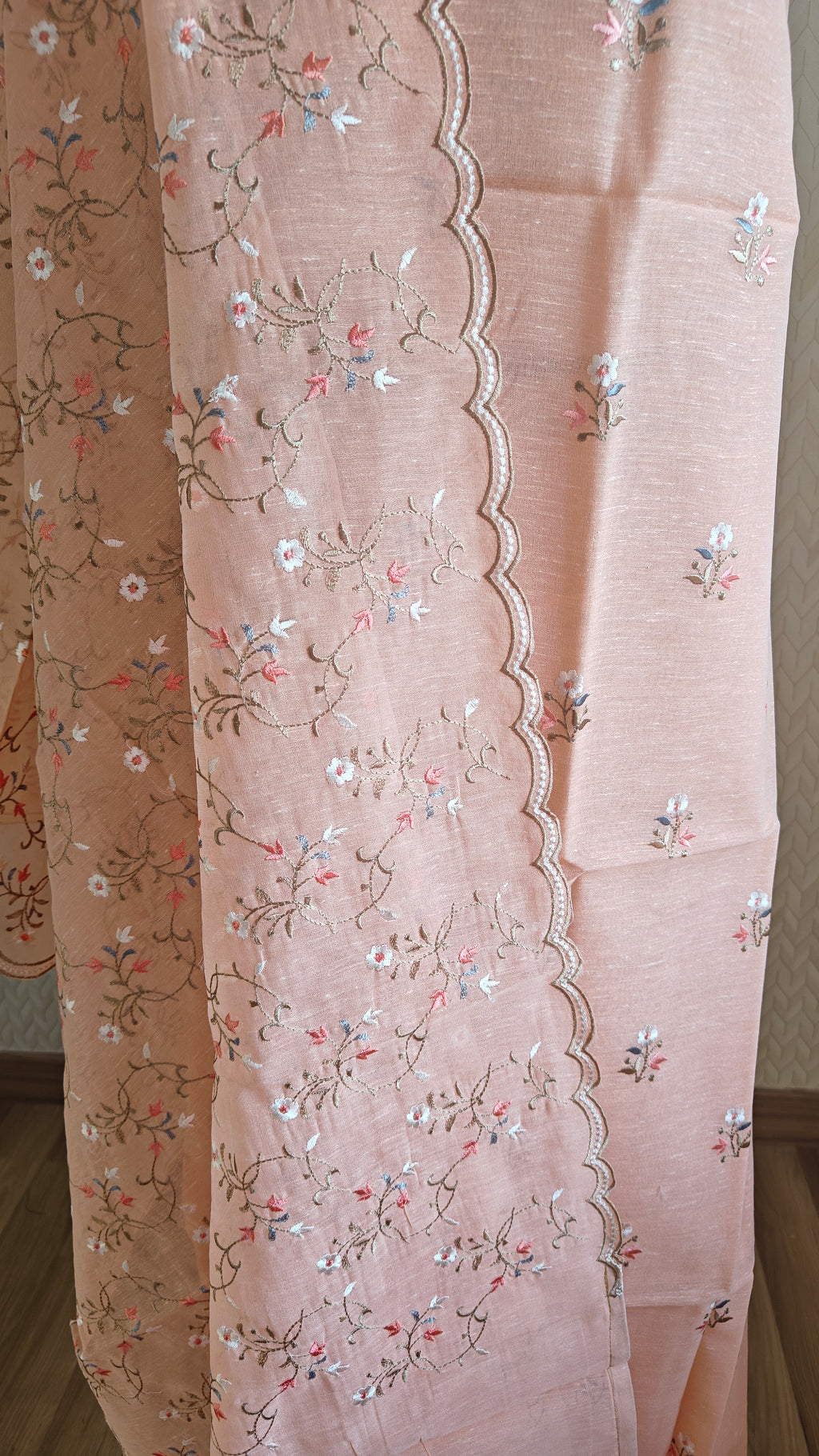 Peach Linen Suit with Floral Embroidery Dupatta