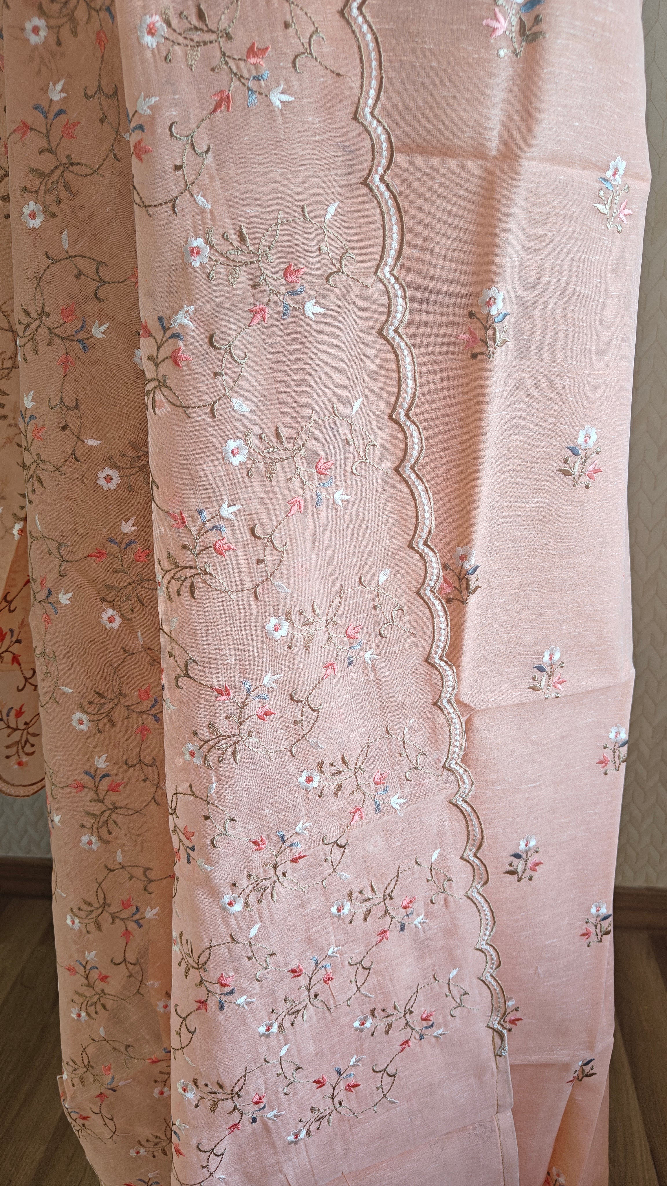 Peach Linen Suit with Floral Embroidery Dupatta