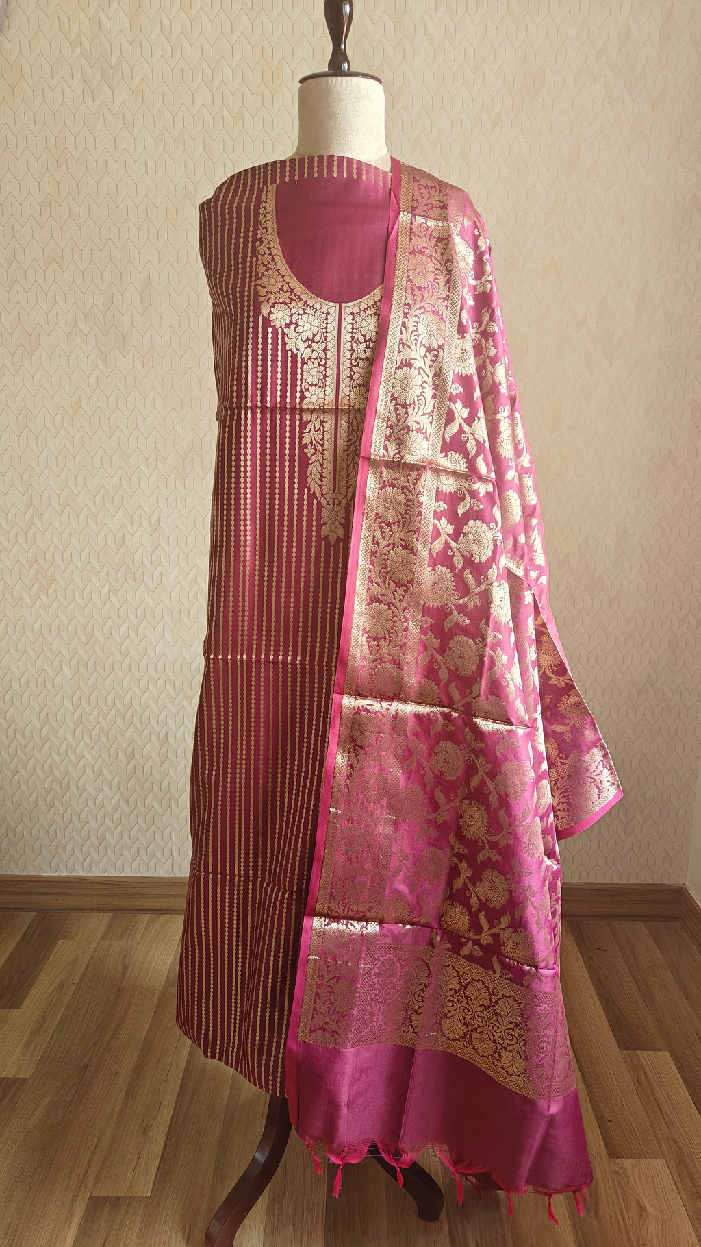 Premium Katan Silk Wine 3-Piece Suit with Golden Zari