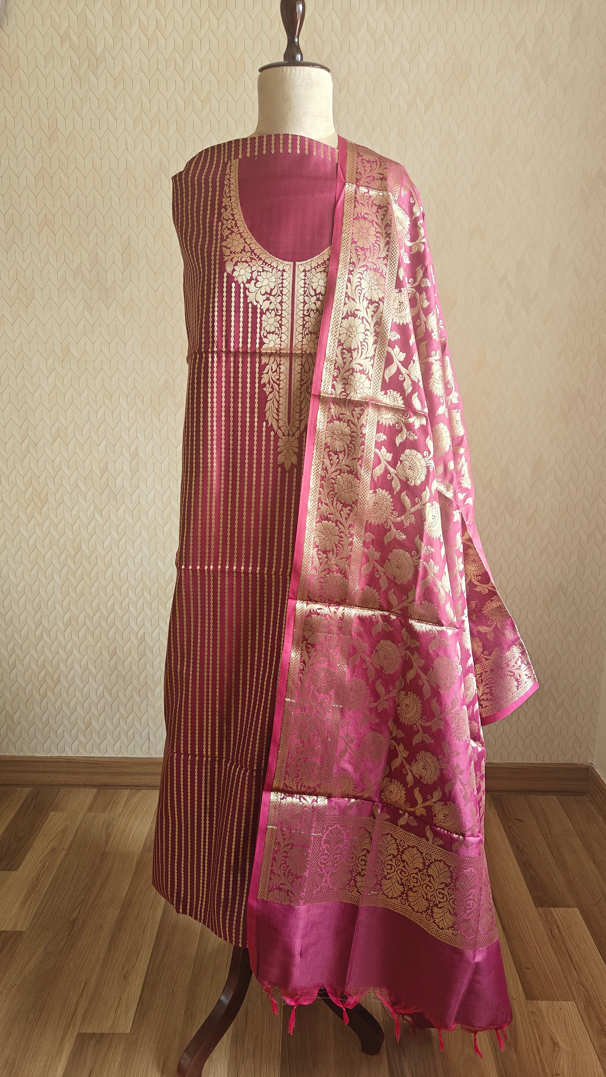 Premium Katan Silk Wine 3-Piece Suit with Golden Zari