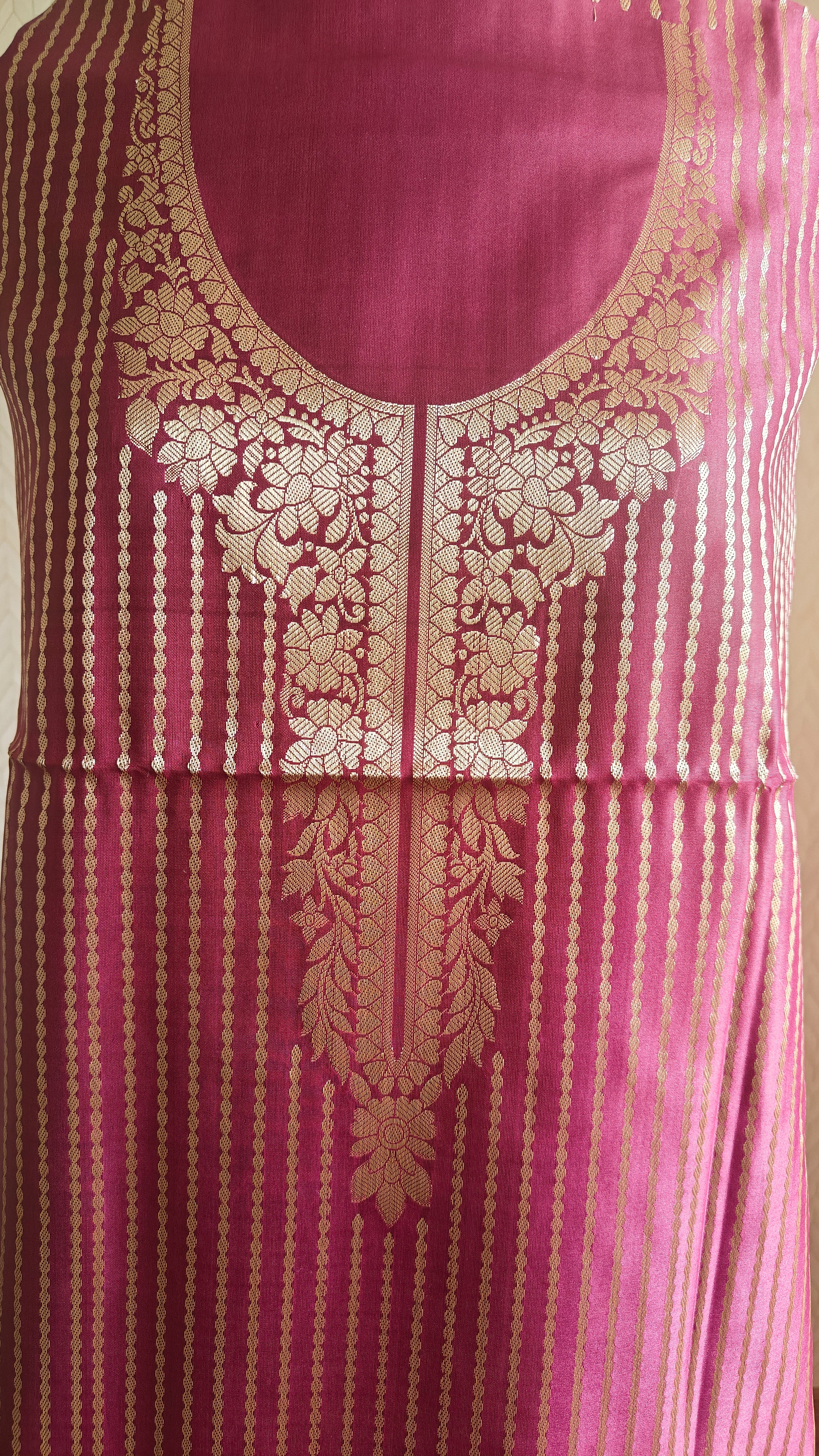 Premium Katan Silk Wine 3-Piece Suit with Golden Zari