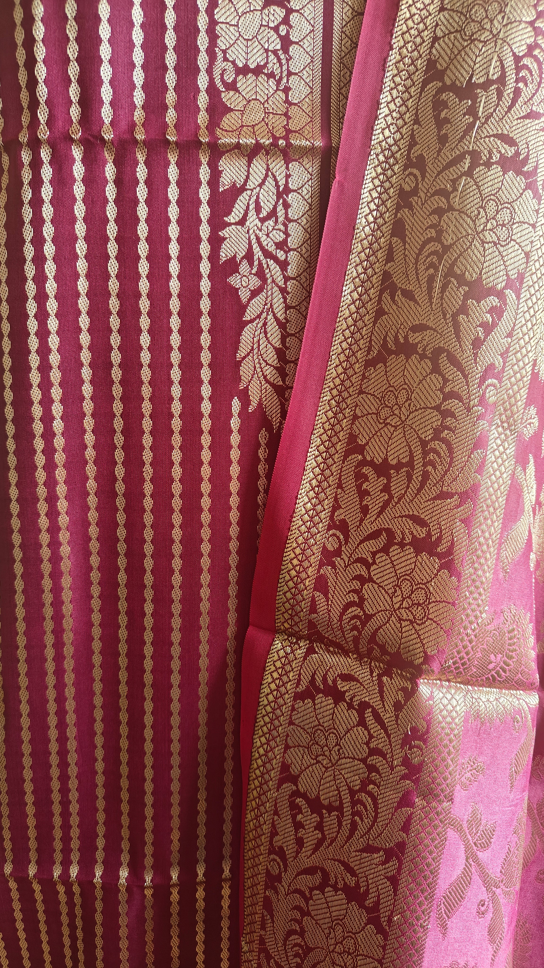 Premium Katan Silk Wine 3-Piece Suit with Golden Zari