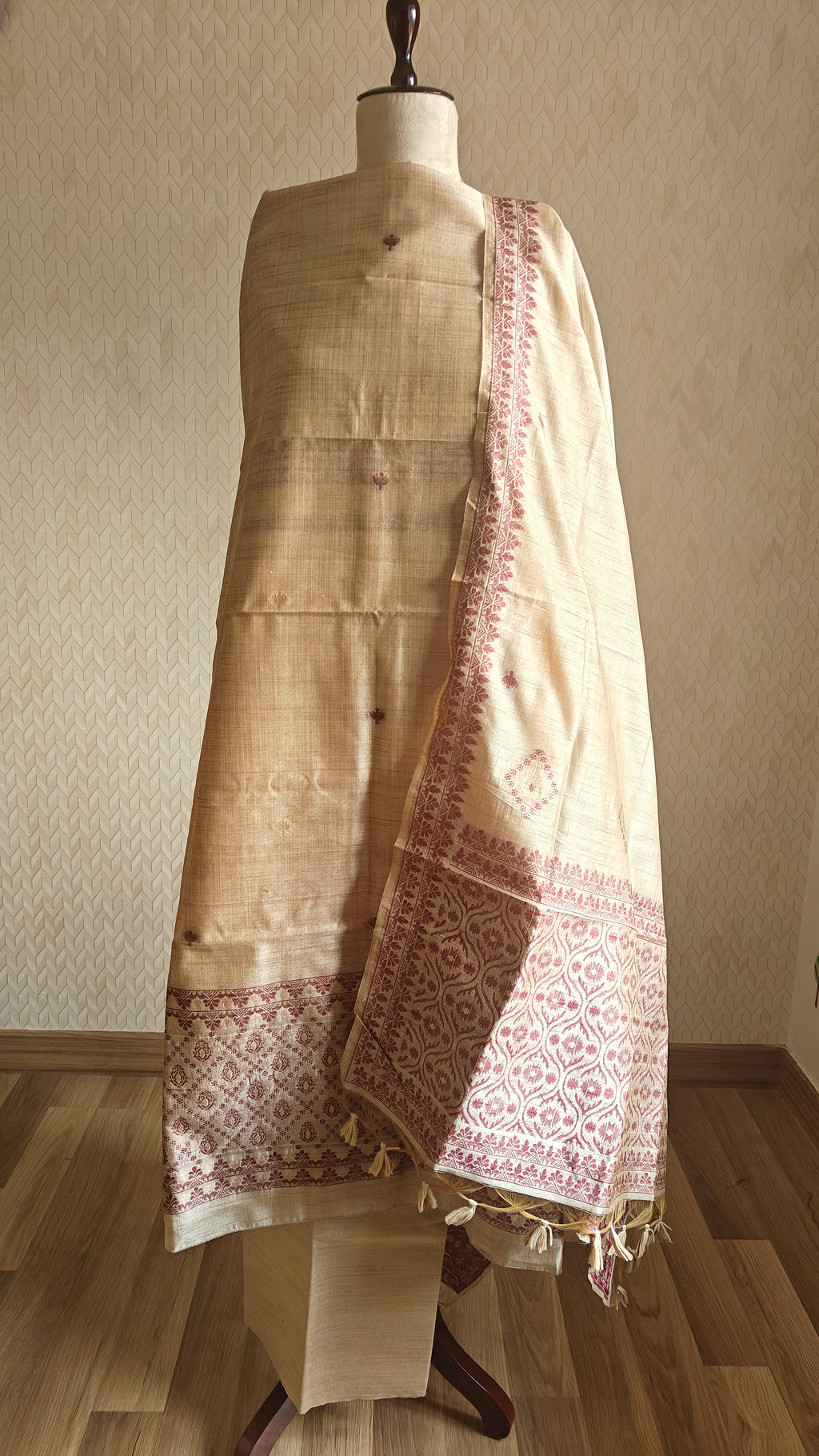 Khaadi Tussar Silk 3-Piece Suit with Red Thread Work