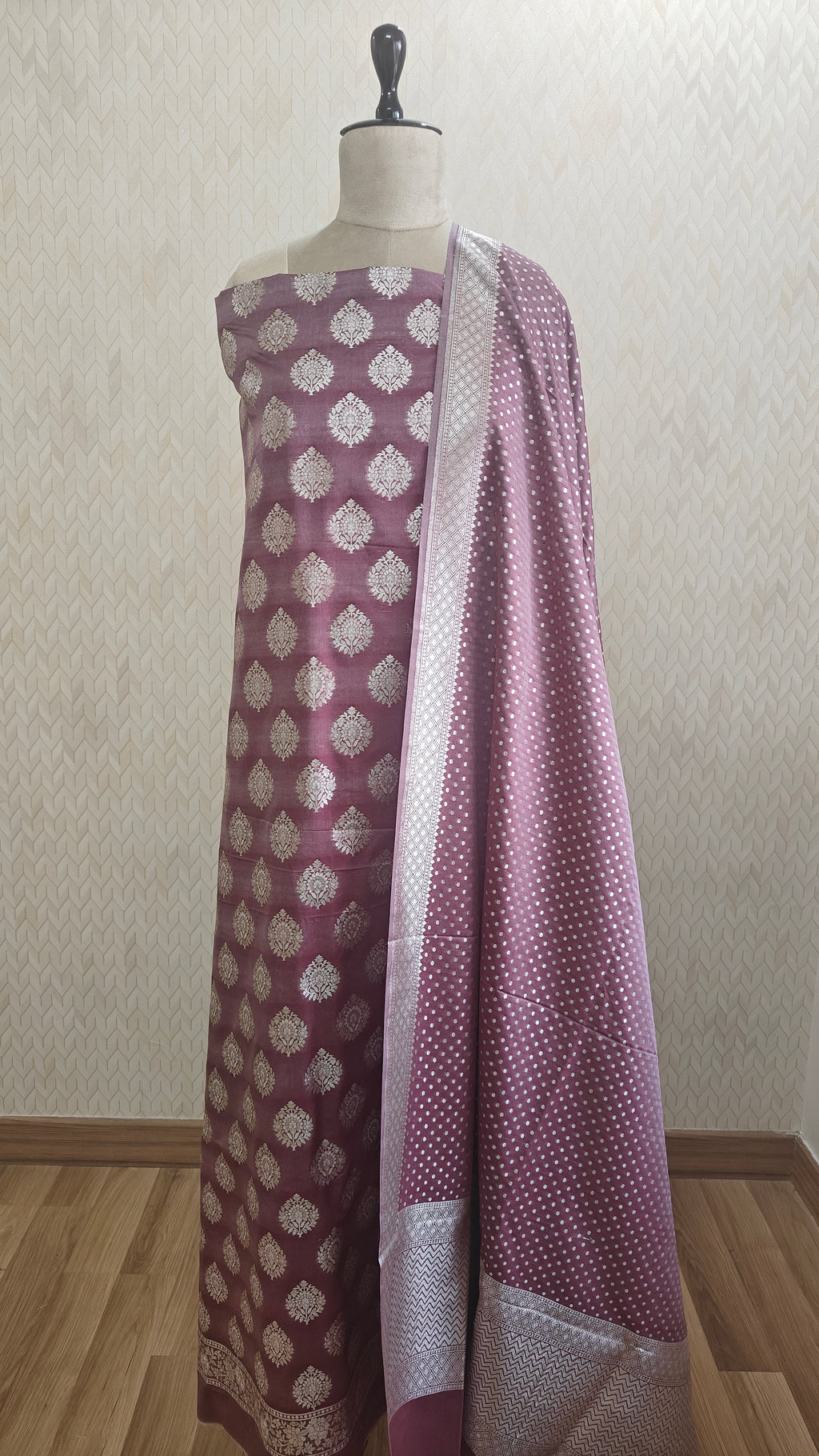 Wine Color Premium Silk 3-Piece Suit with Silver Zari & Heavy Dupatta