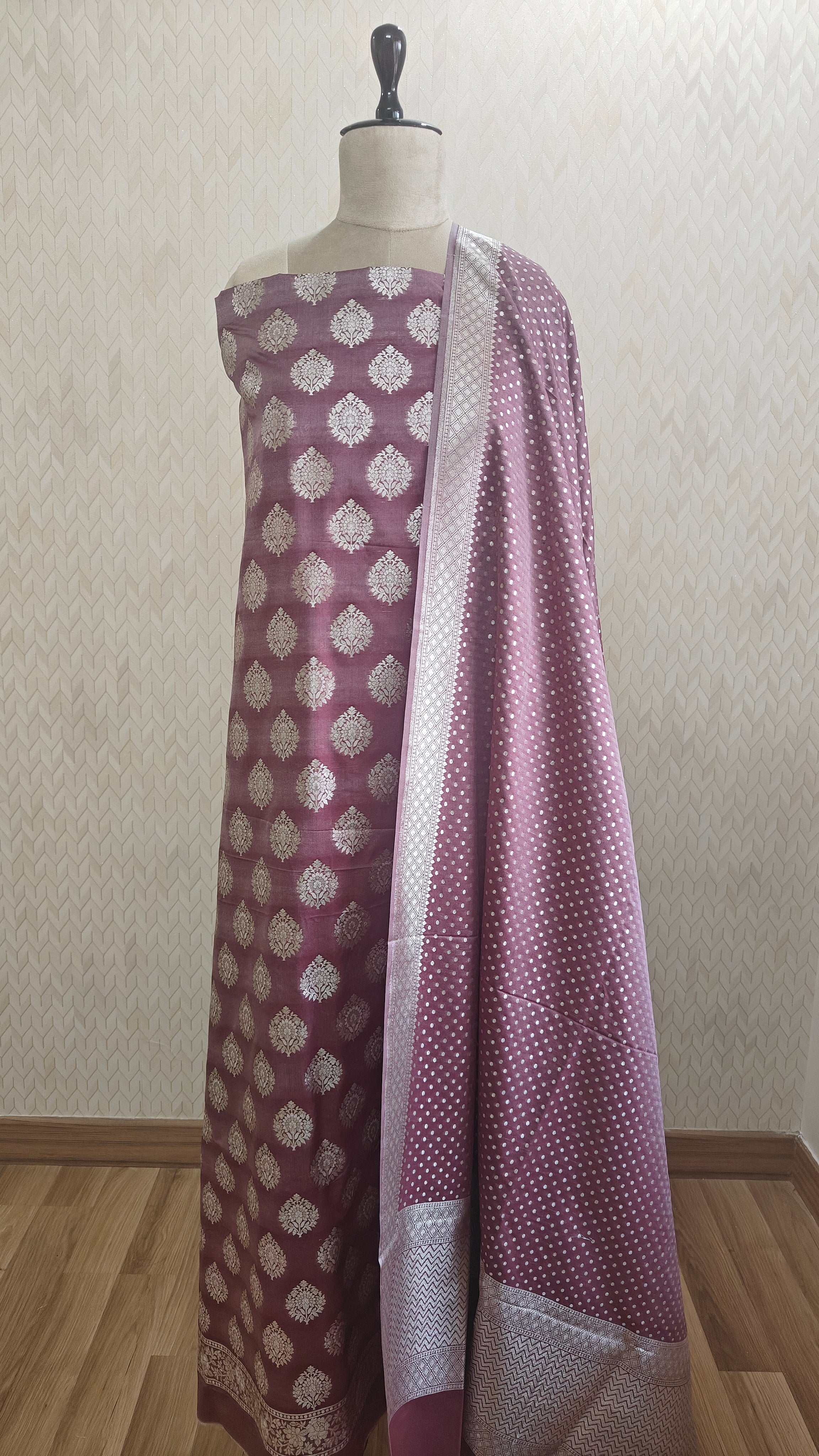 Wine Color Premium Silk 3-Piece Suit with Silver Zari & Heavy Dupatta