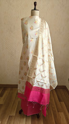Pink Banarasi Suit with Ivory Contrast & Meenakari Jal Work Dupatta