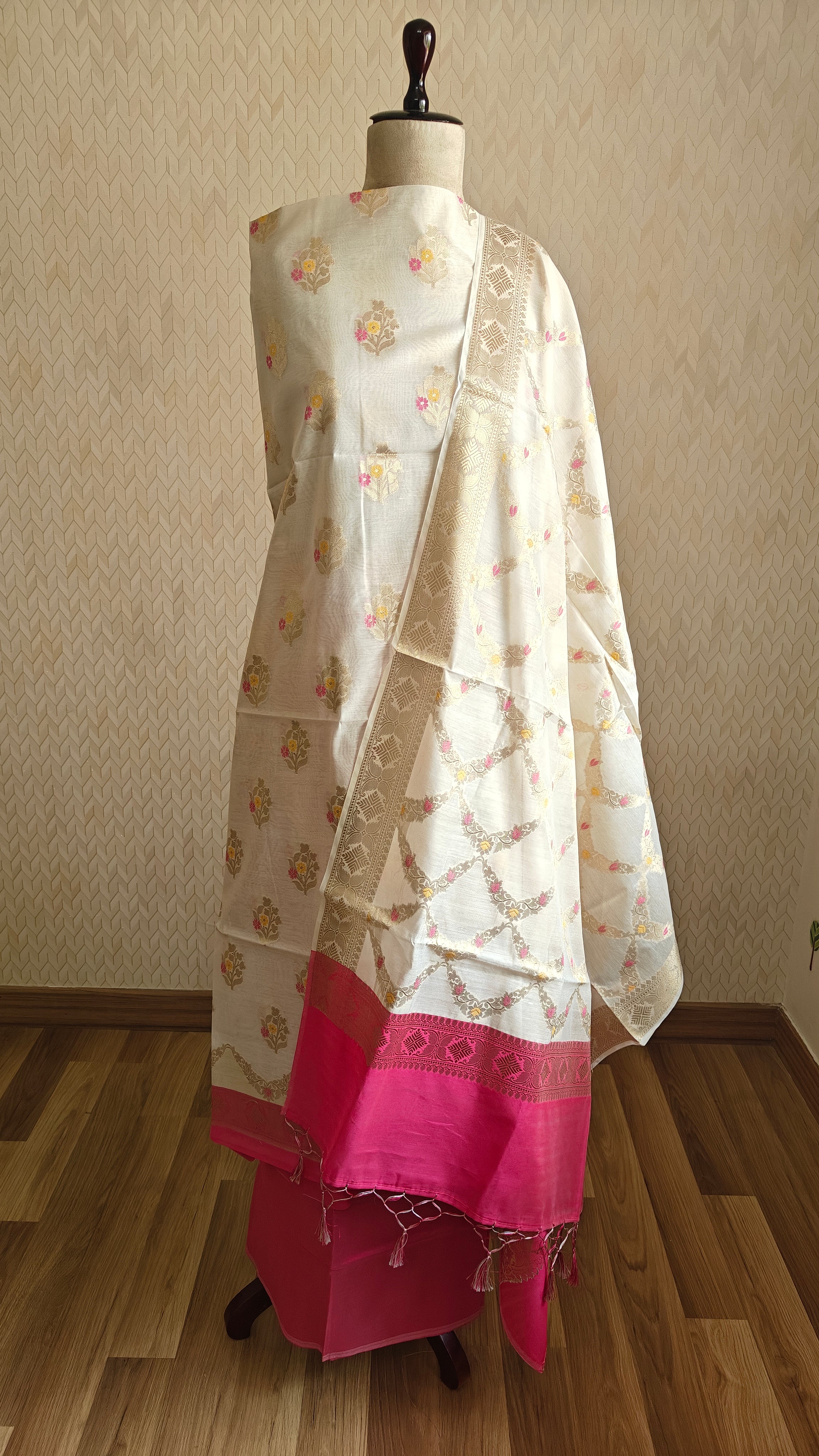 Pink Banarasi Suit with Ivory Contrast & Meenakari Jal Work Dupatta
