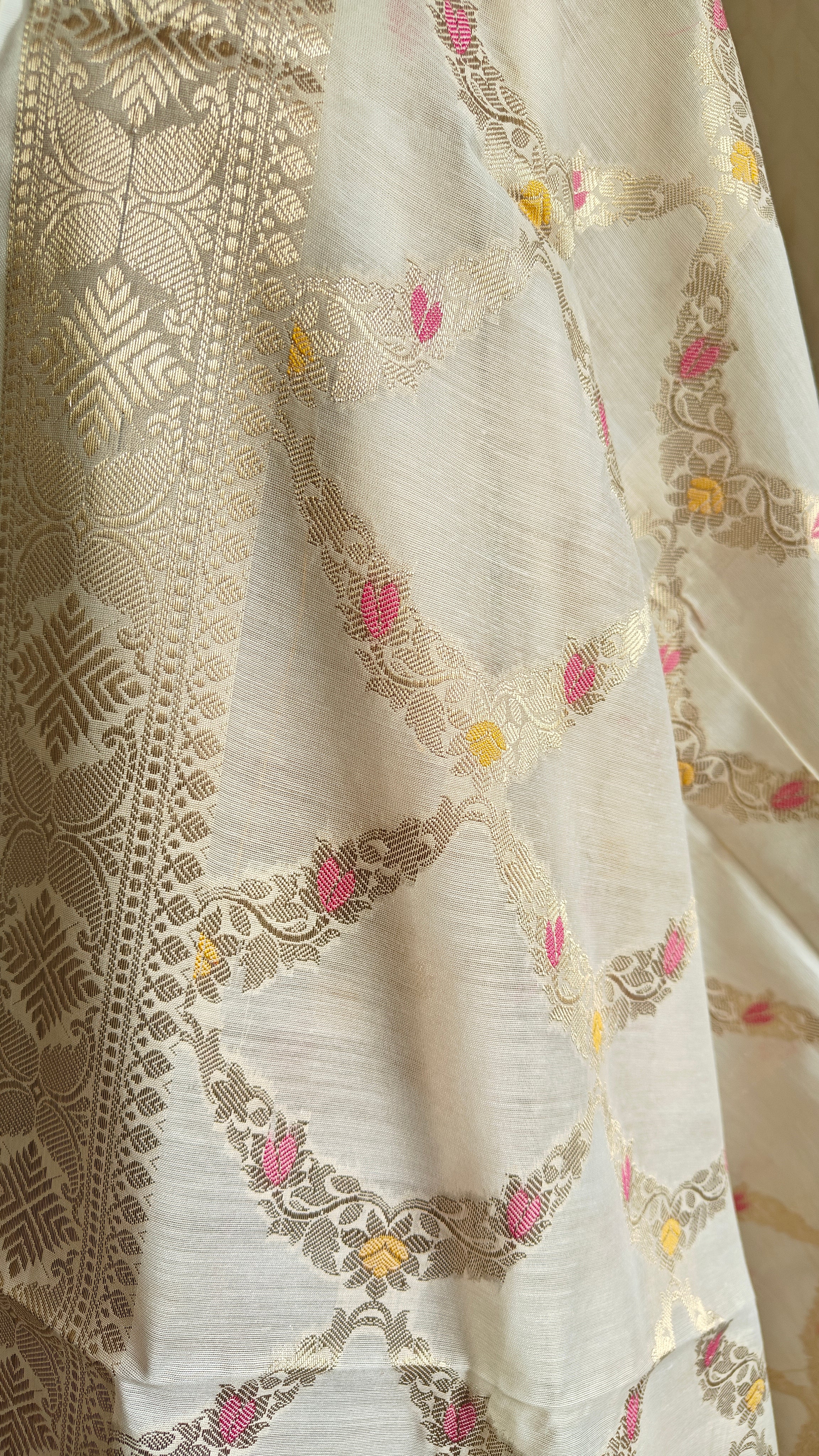 Pink Banarasi Suit with Ivory Contrast & Meenakari Jal Work Dupatta