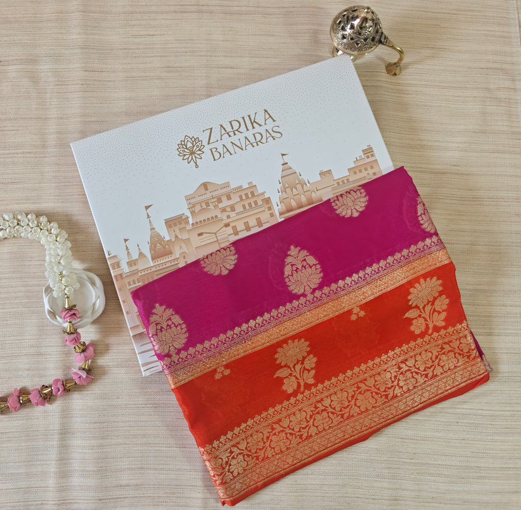 Orange & magenta pink Banarasi Silk Saree with Booti Work & Elegant Border
