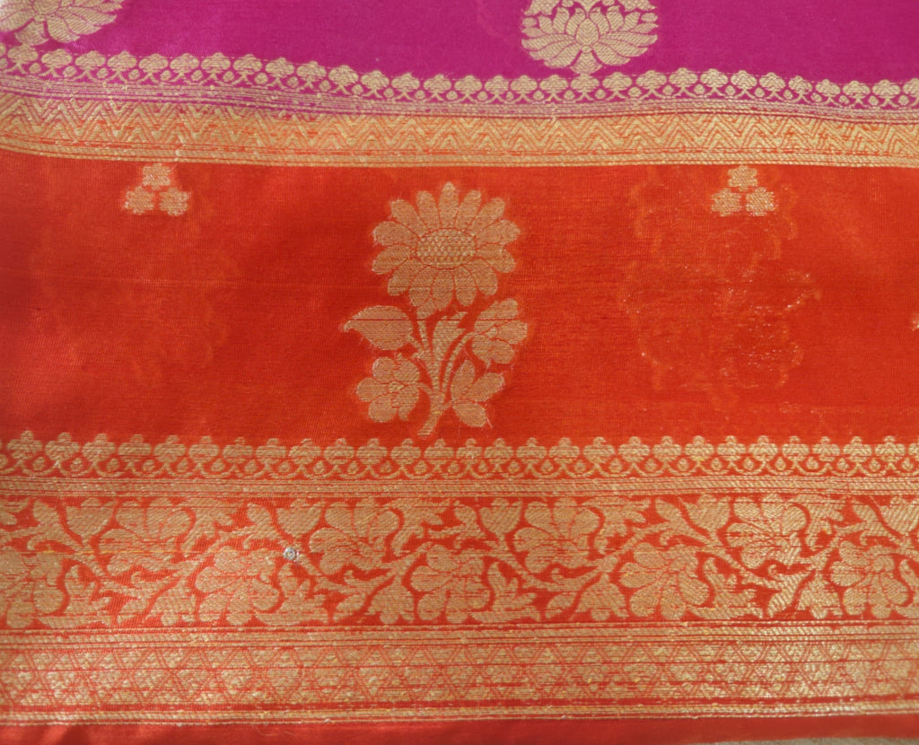 Orange & magenta pink Banarasi Silk Saree with Booti Work & Elegant Border