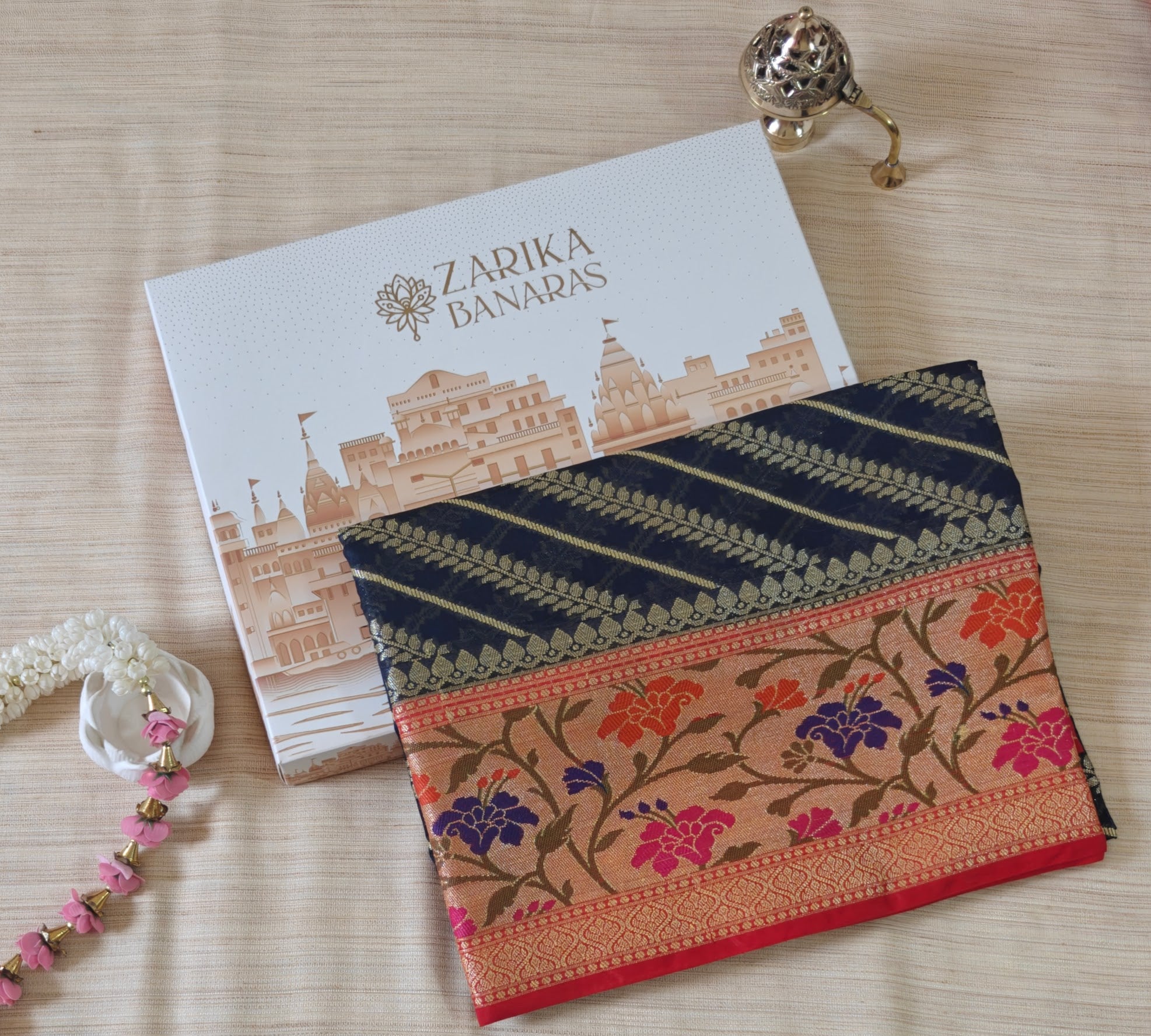 Navy Blue Banarasi Silk Saree with Zari Weave & Paithani Border