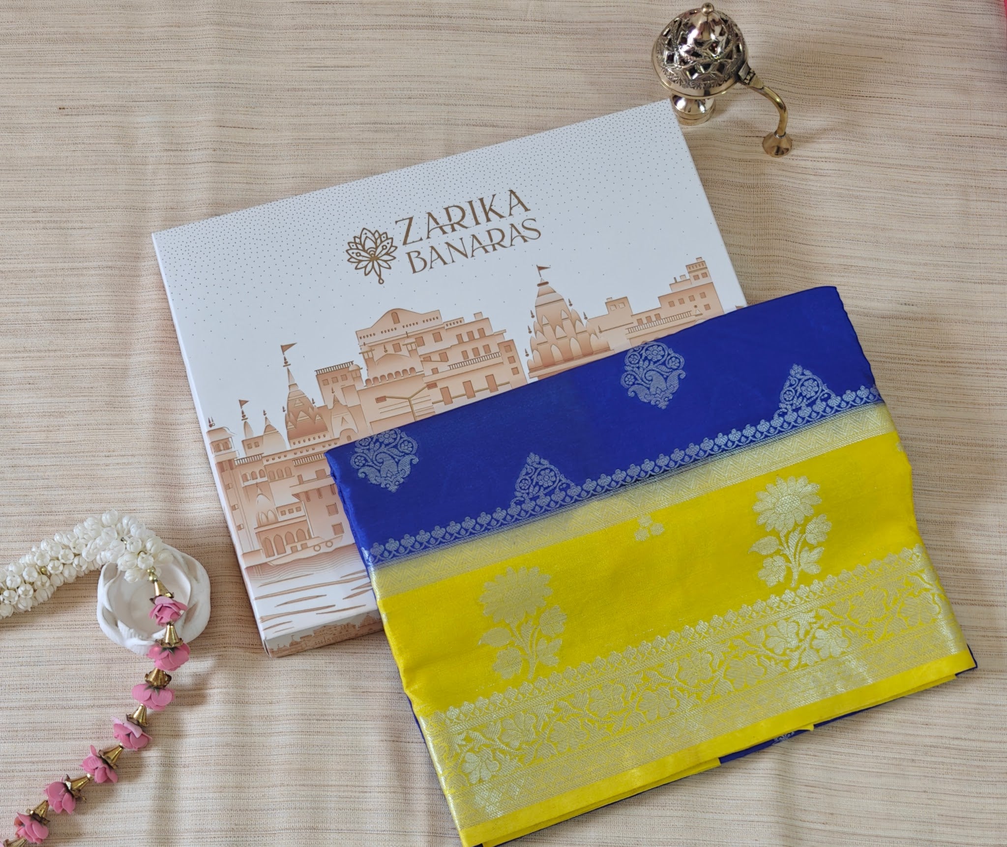 Yellow & Blue Banarasi Silk Saree with Booti Work & Elegant Border