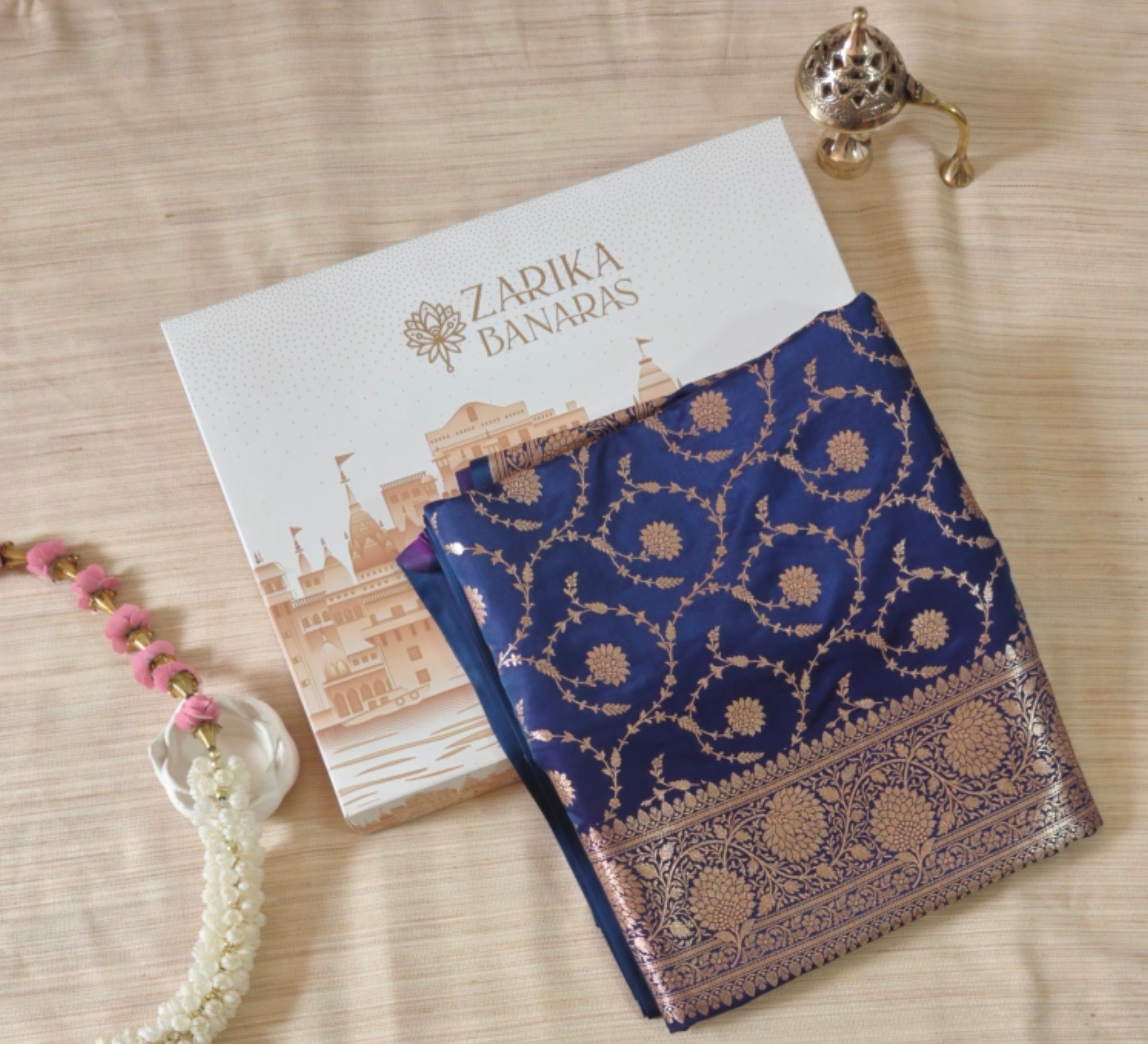Navy Blue Silk Saree with overall Zari jaal