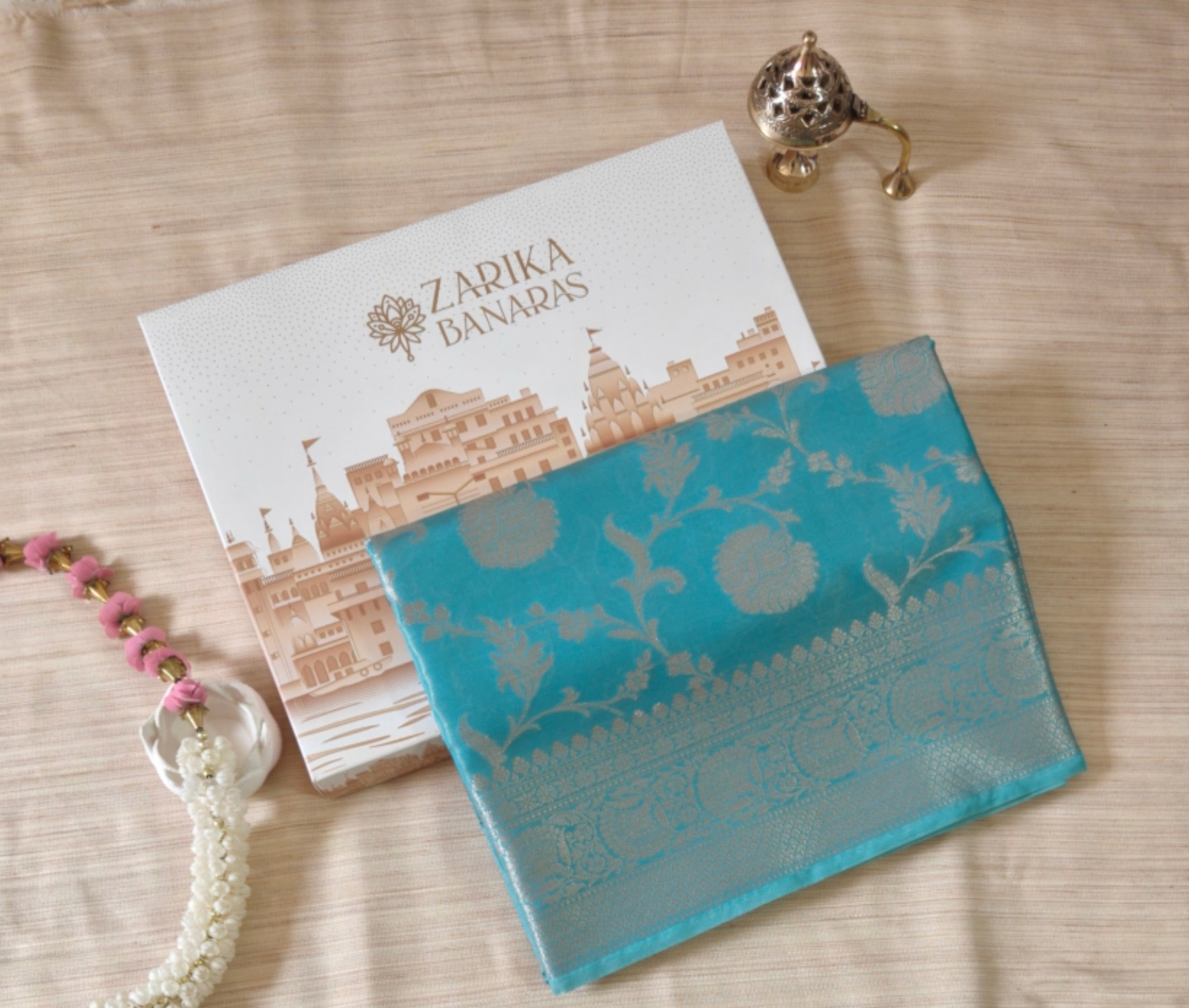 Ice blue Shimmer Tissue Saree with  Floral Jaal