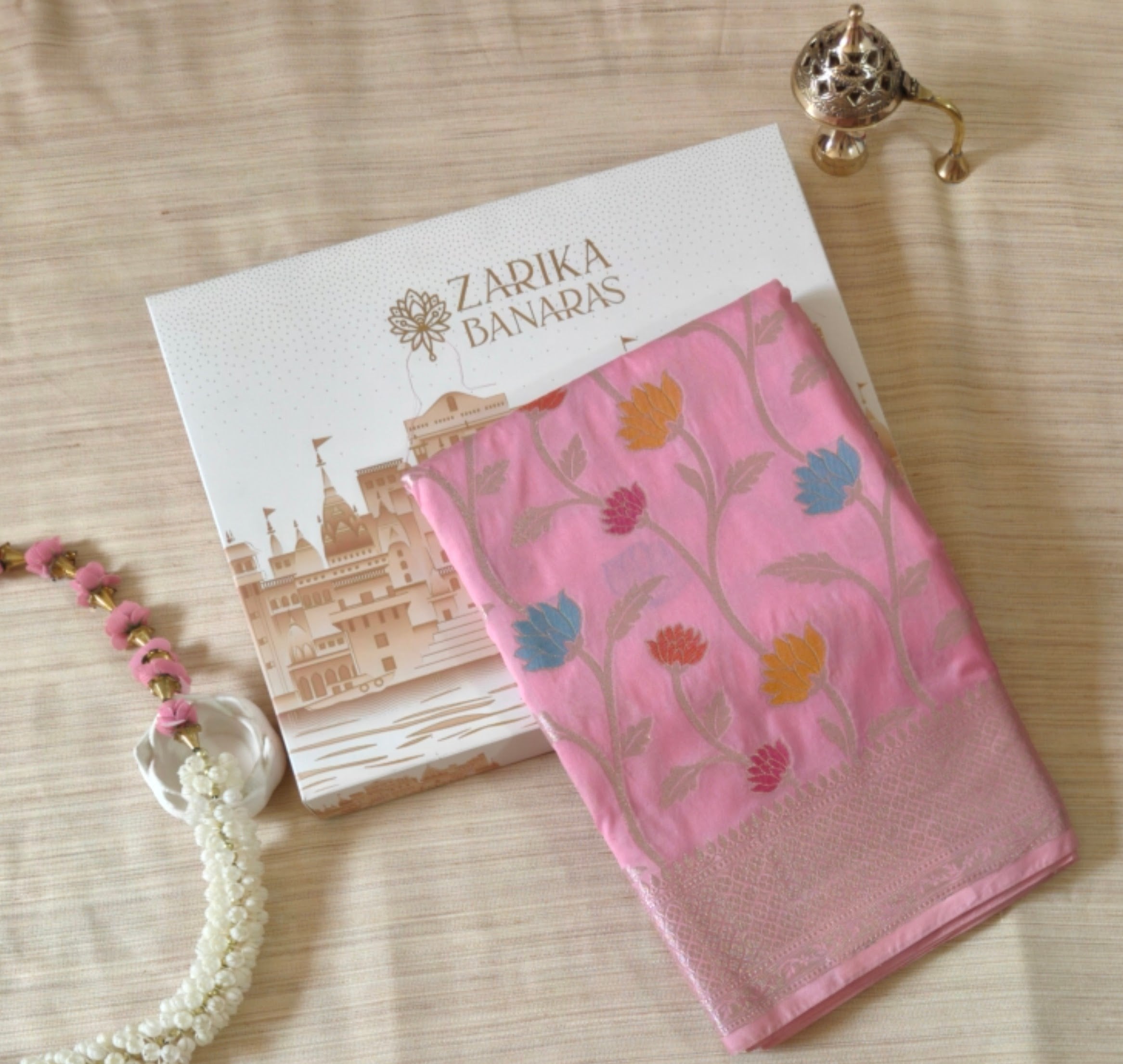 Pastel Pink Cotton Saree with Lotus Meenakari