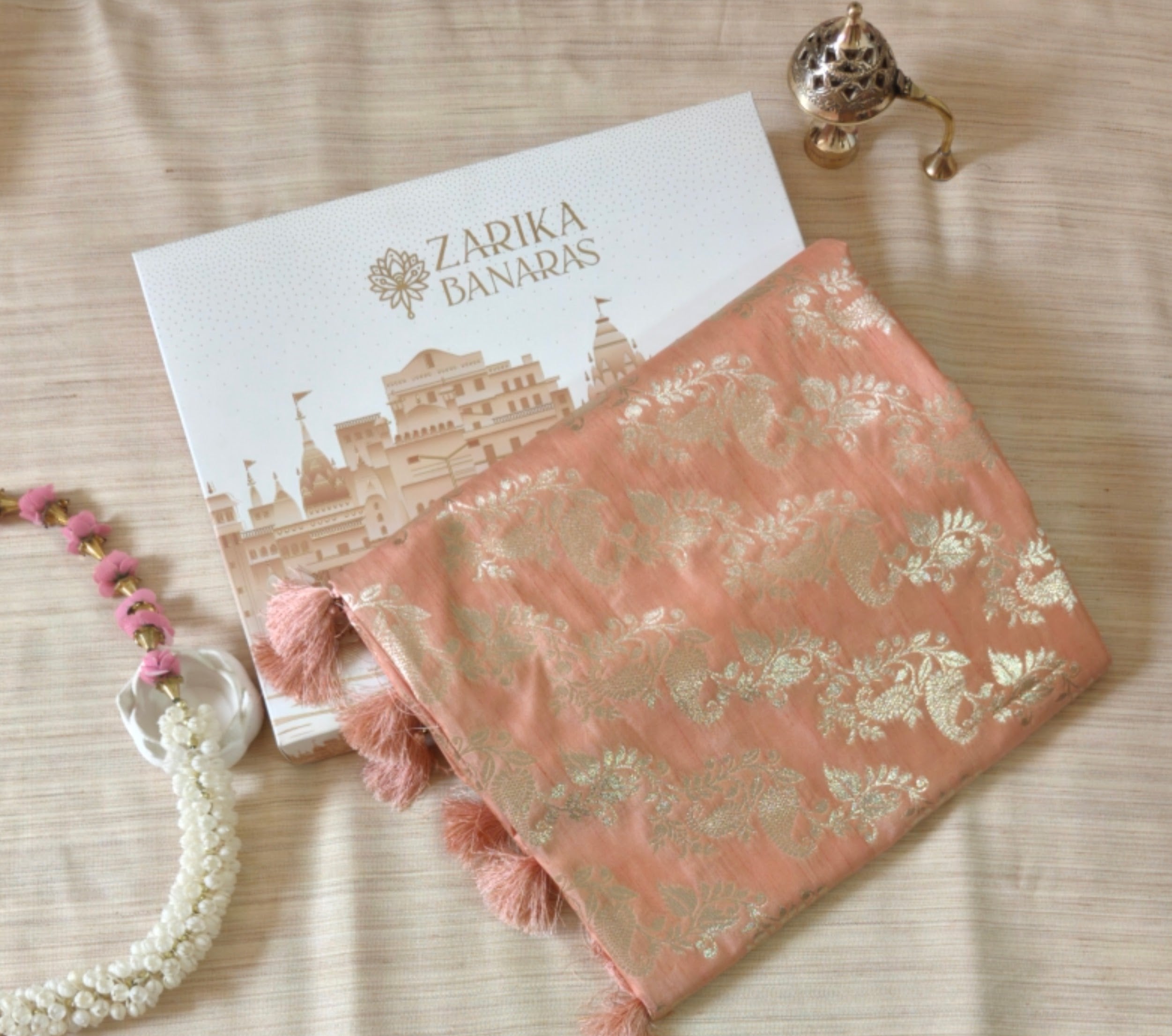 Light Orange Silk Saree with Banarasi Zari Weave & Booti Blouse