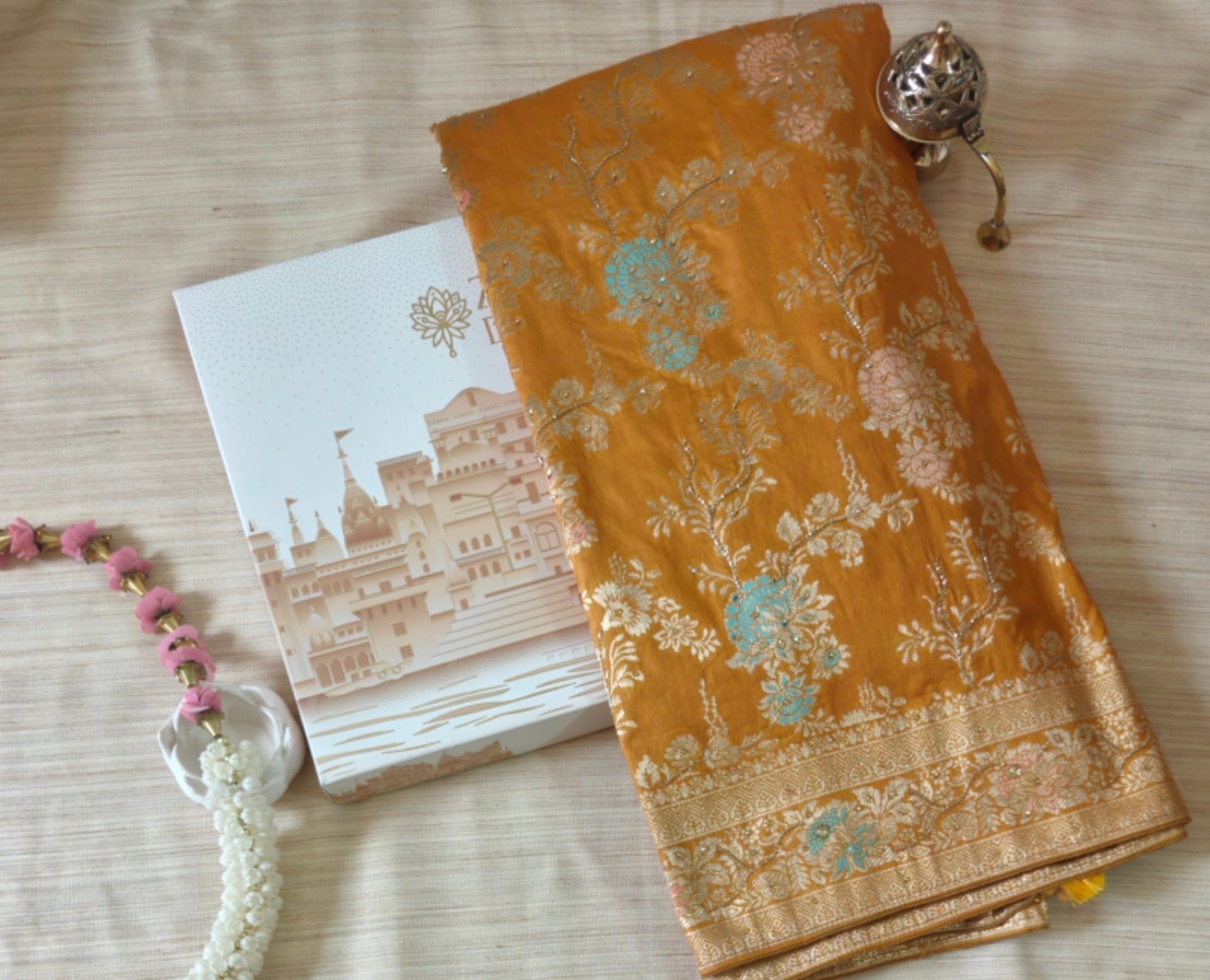 Elegant Mustard Banarasi Silk Saree with Meenakari Floral Jaal & Handwork Detailing