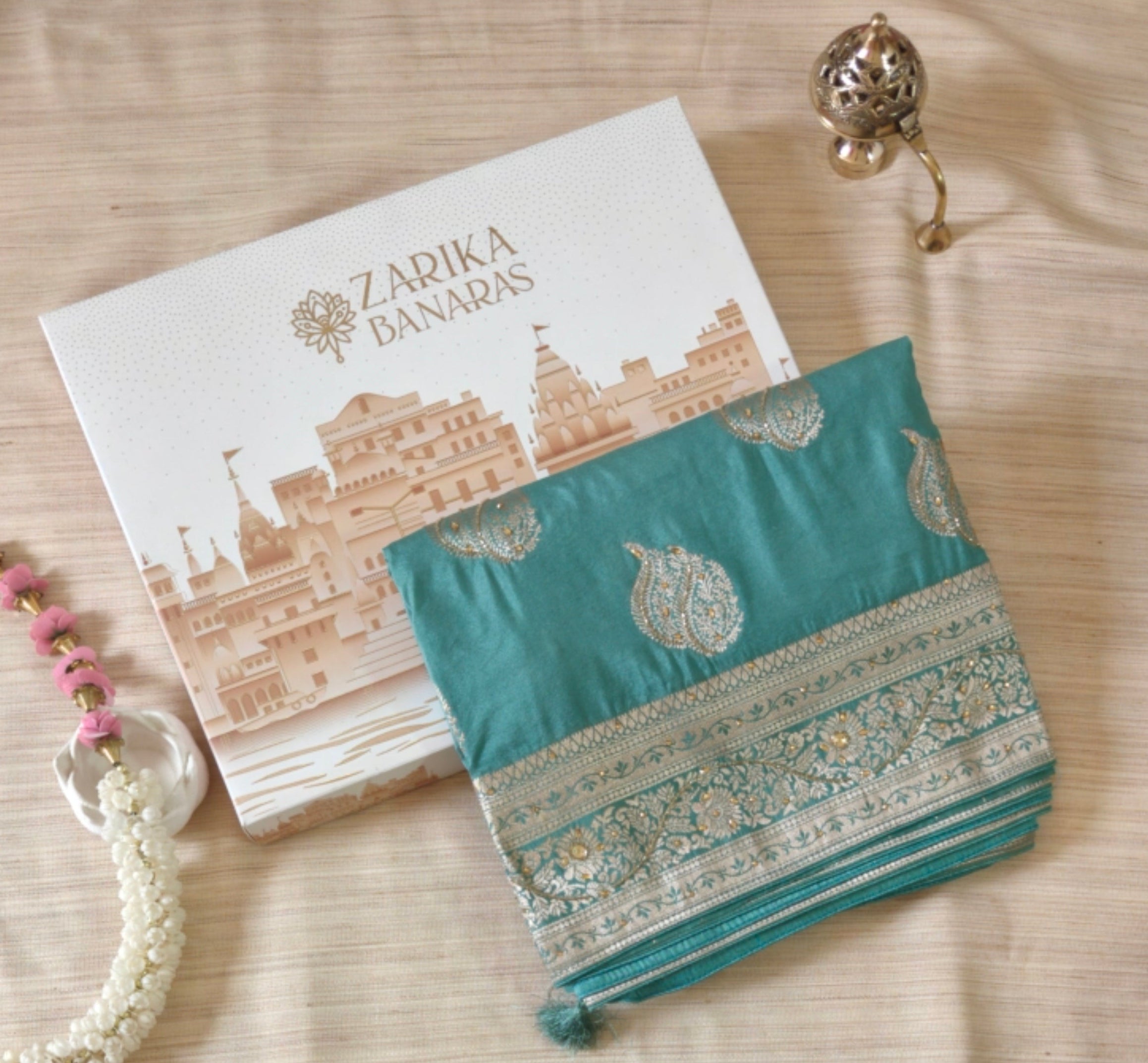 Elegant sea green Butter Crepe Saree with All-Over Handwork Detailing