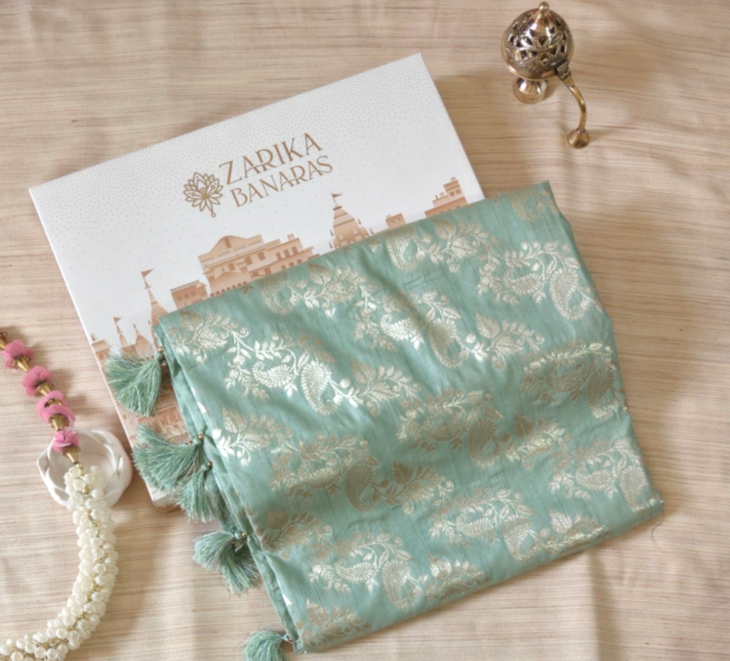Sea green Silk Saree with Banarasi Zari Weave & Booti Blouse