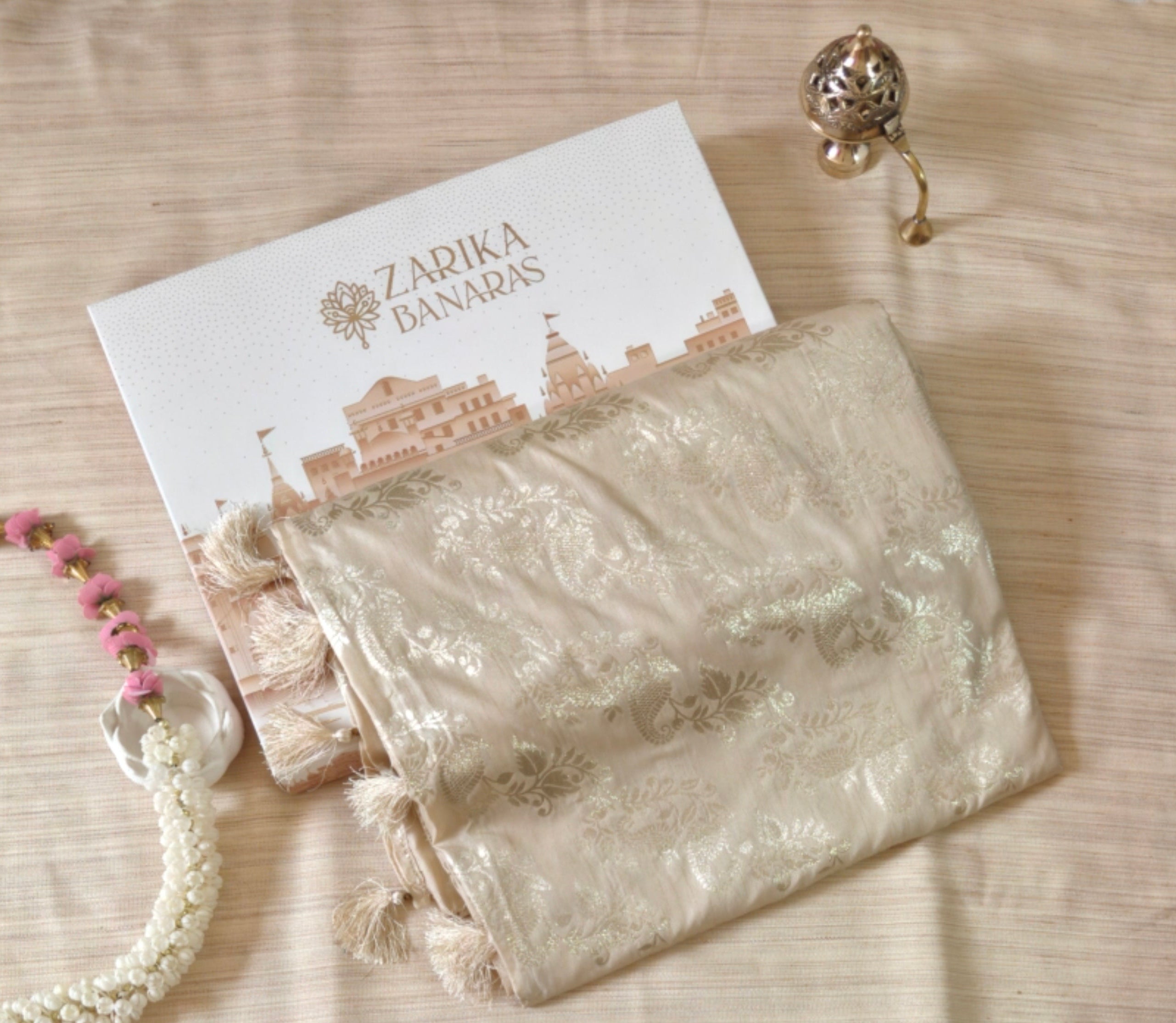 Cream Silk Saree with Banarasi Zari Weave & Booti Blouse