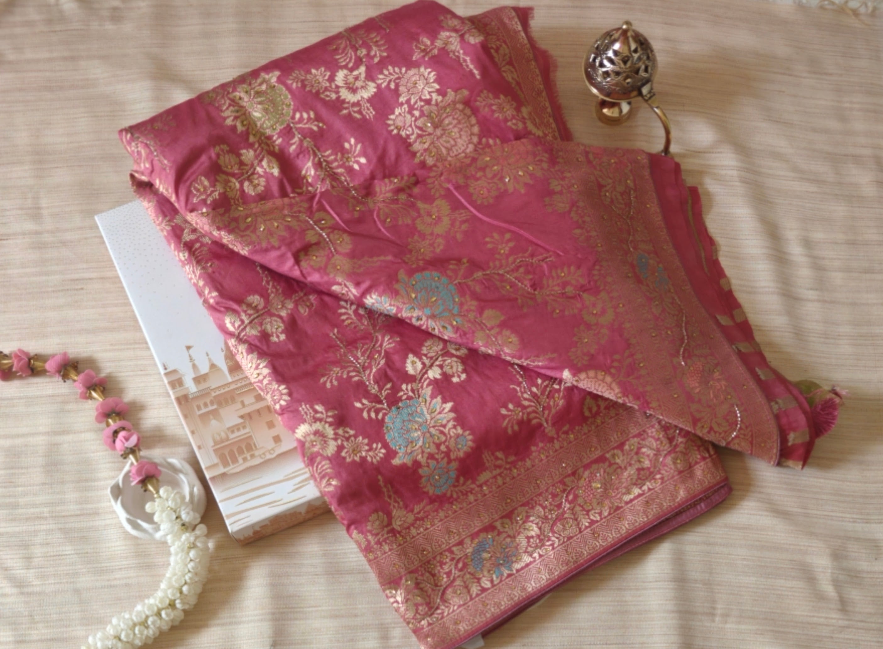 Elegant Pink Banarasi Silk Saree with Meenakari Floral Jaal & Handwork Detailing