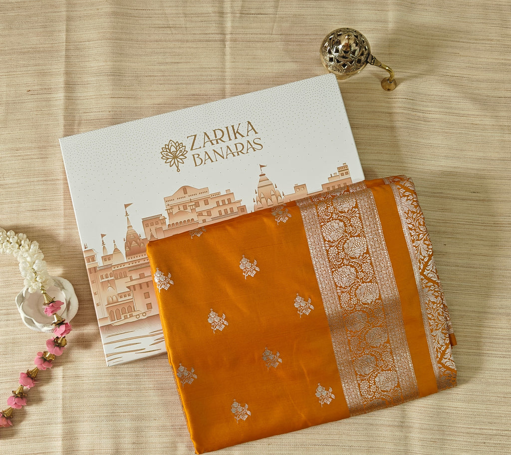 Royal Mustard Silk Saree with Silver Meenakari Booti & Rich Pallu