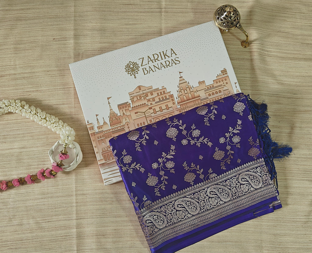 Navy blue Silk Saree with floral Jal