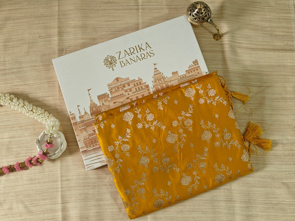 Mustard Silk Saree with floral Jal